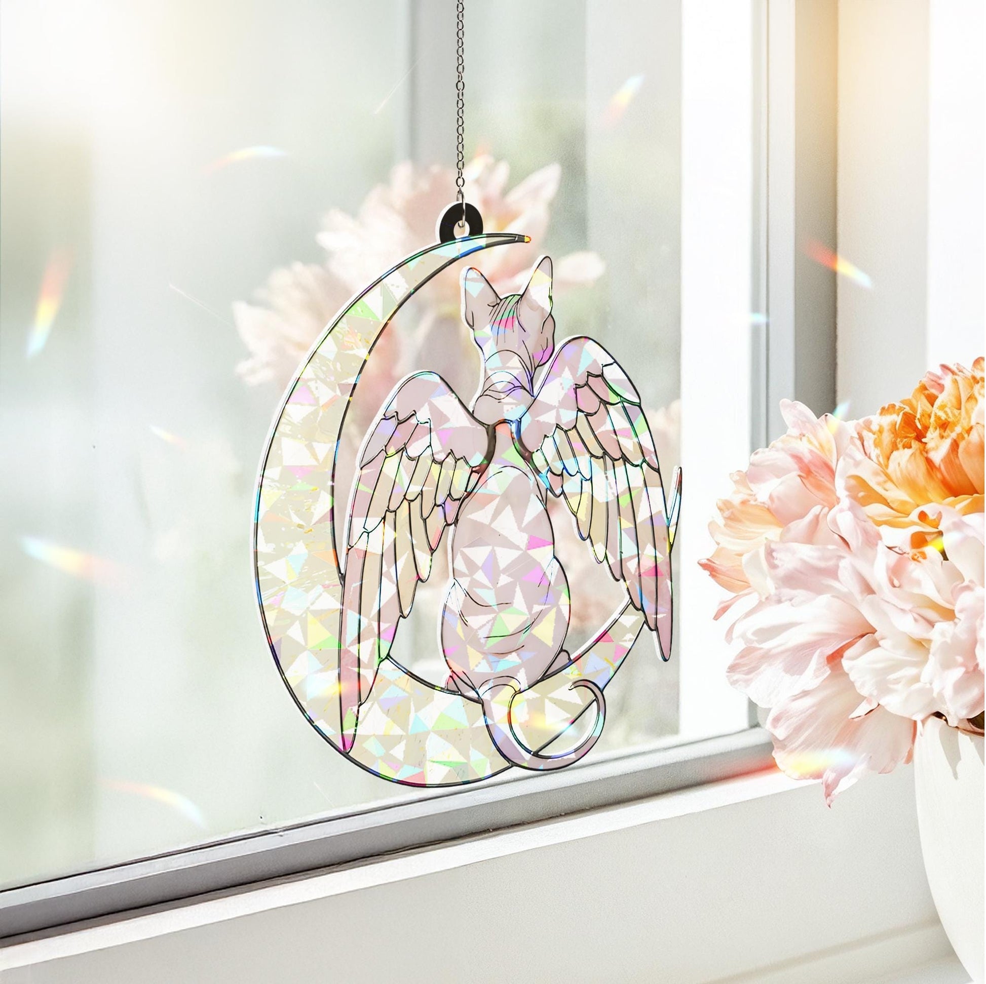 Sphynx Cat Angel Decor, Holographic Acrylic Window Hanging, Cat Memorial Gift, Pet Loss Keepsake, Moon and Wings Ornament, Sphynx Mom Gift