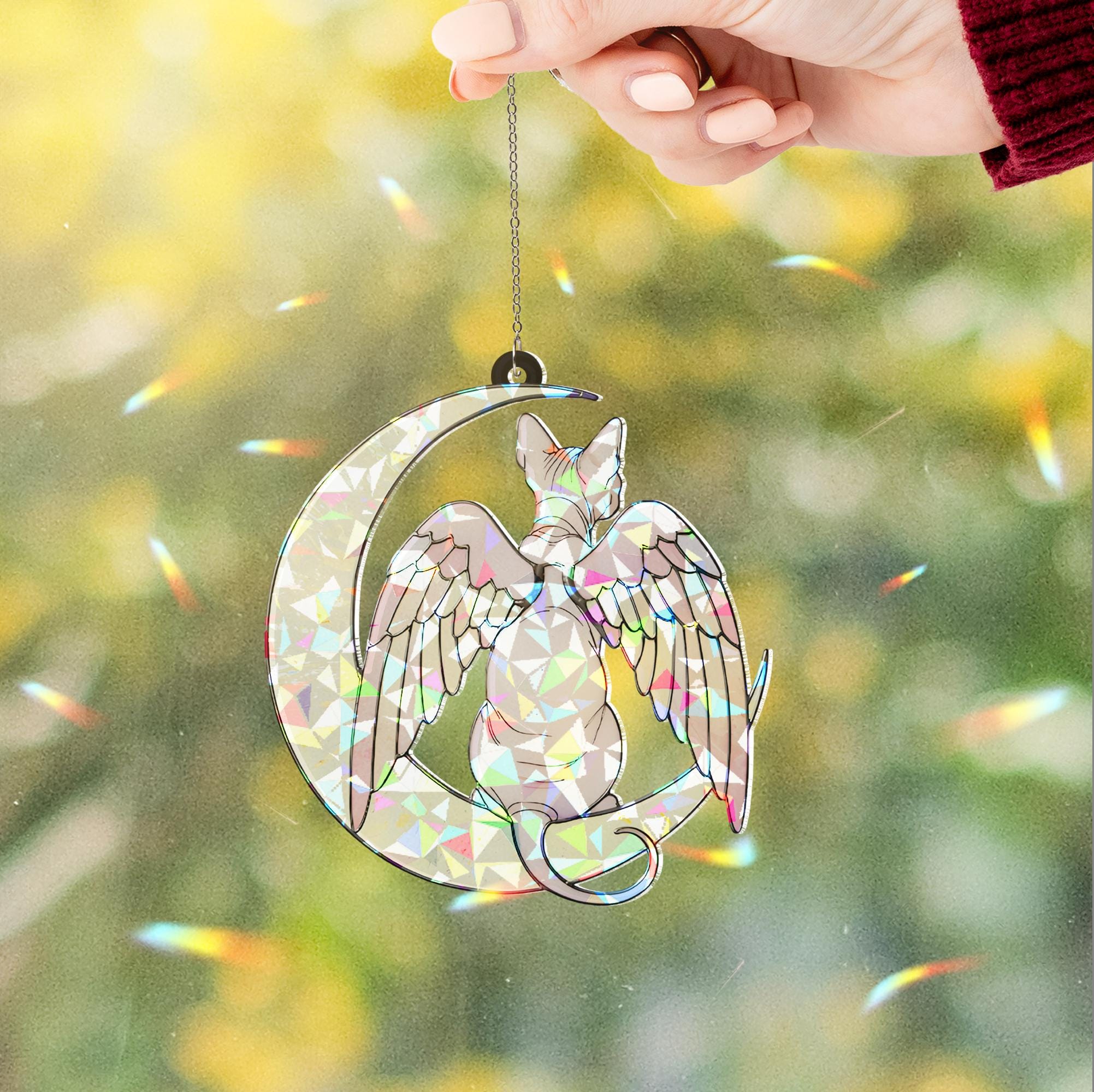 Sphynx Cat Angel Decor, Holographic Acrylic Window Hanging, Cat Memorial Gift, Pet Loss Keepsake, Moon and Wings Ornament, Sphynx Mom Gift