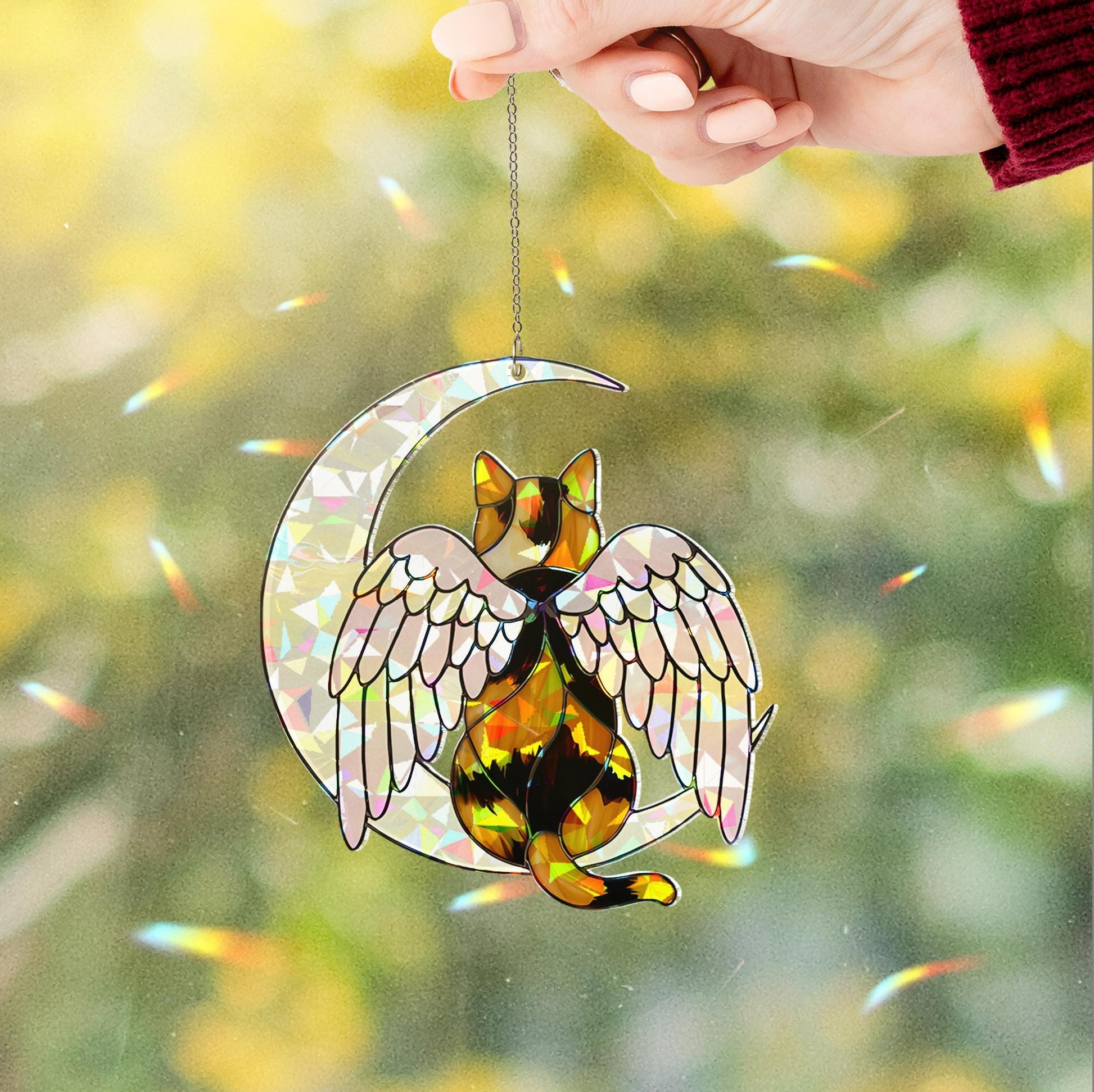 Calico Cat Angel Decor, Holographic Acrylic Window Hanging, Cat Memorial Gift, Pet Loss Keepsake, Moon and Wings Ornament, Calico Cat Mom