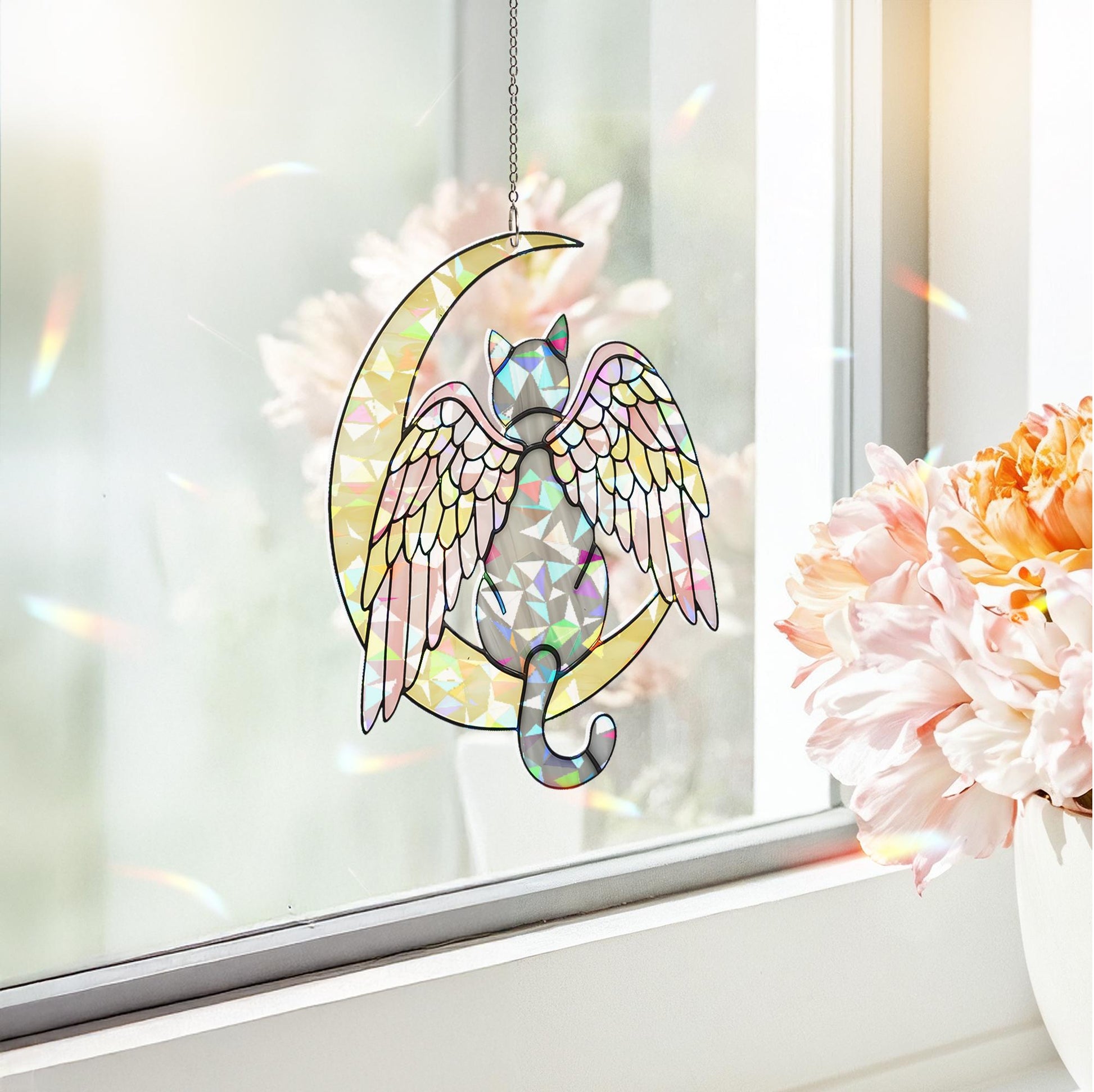 Grey Cat Angel Decor, Holographic Acrylic Window Hanging, Cat Memorial Gift, Pet Loss Keepsake, Moon and Wings Suncatcher, Grey Cat Mom Gift