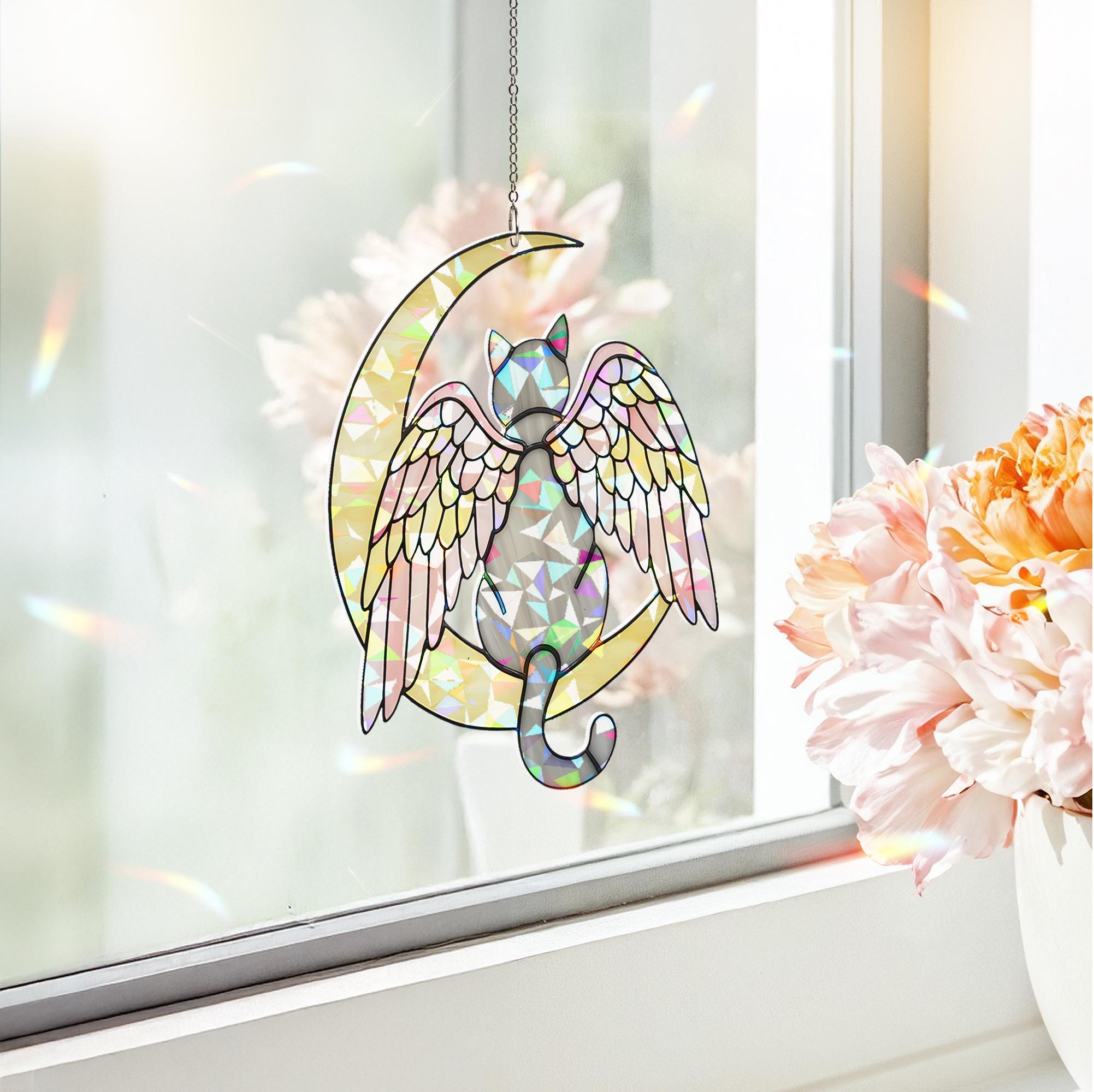Grey Cat Angel Decor, Holographic Acrylic Window Hanging, Cat Memorial Gift, Pet Loss Keepsake, Moon and Wings Suncatcher, Grey Cat Mom Gift