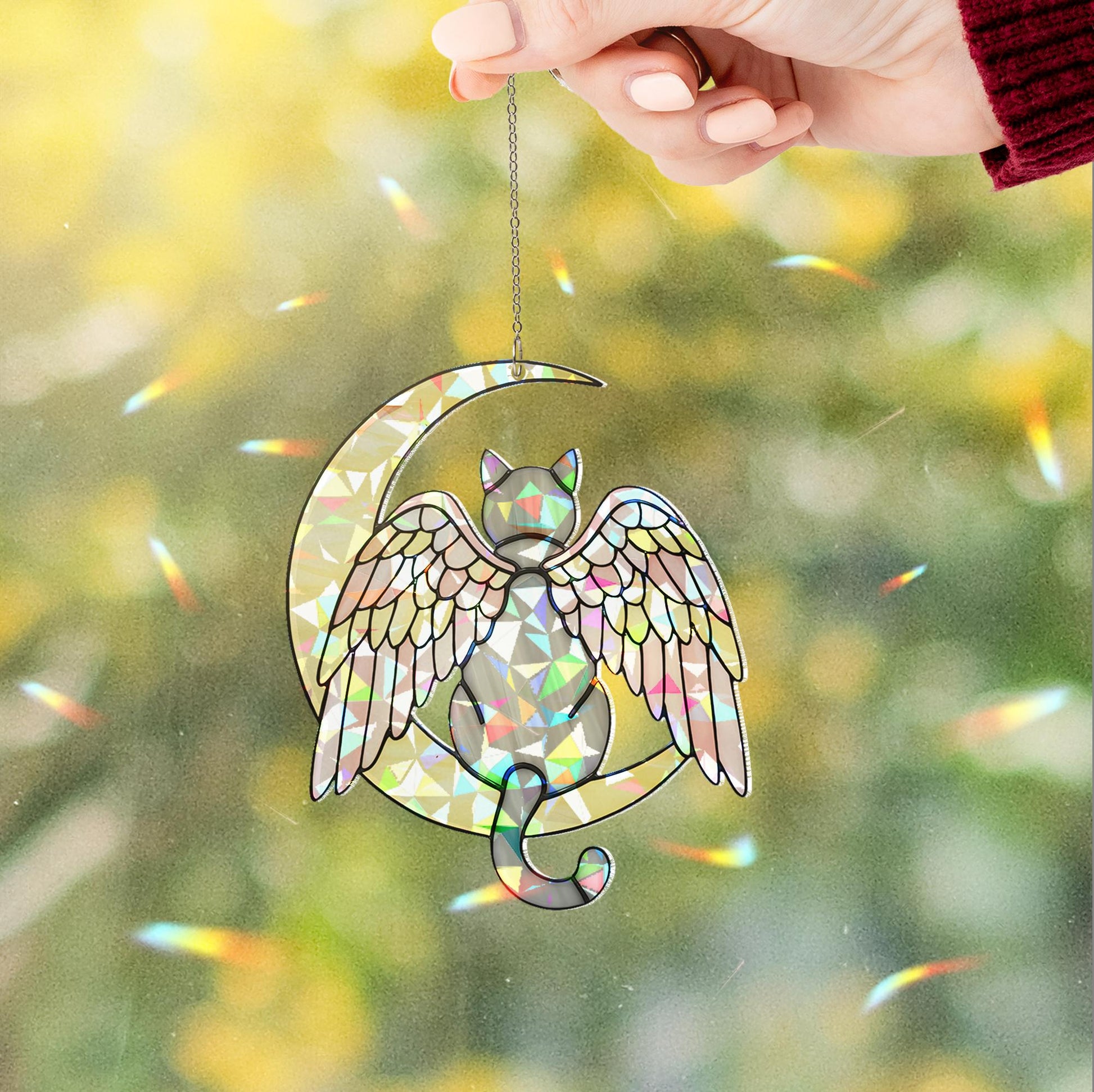 Grey Cat Angel Decor, Holographic Acrylic Window Hanging, Cat Memorial Gift, Pet Loss Keepsake, Moon and Wings Suncatcher, Grey Cat Mom Gift