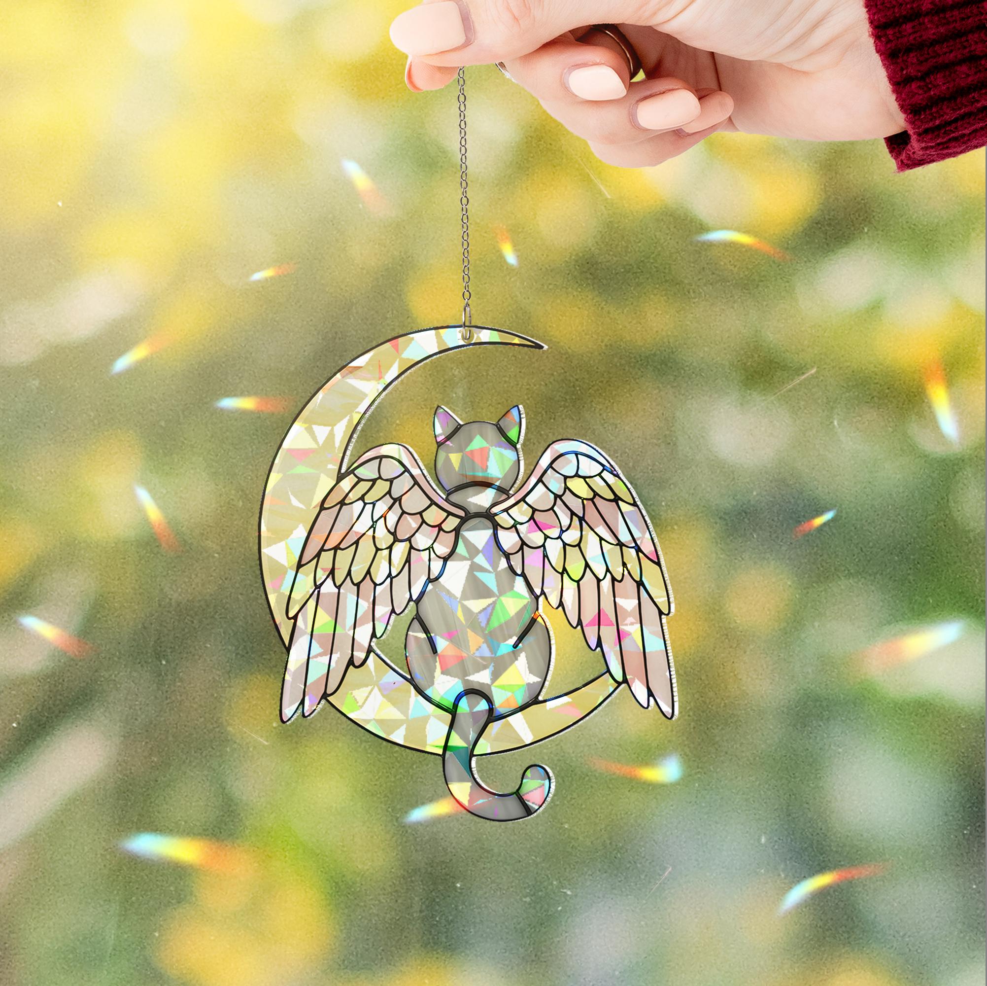 Grey Cat Angel Decor, Holographic Acrylic Window Hanging, Cat Memorial Gift, Pet Loss Keepsake, Moon and Wings Suncatcher, Grey Cat Mom Gift