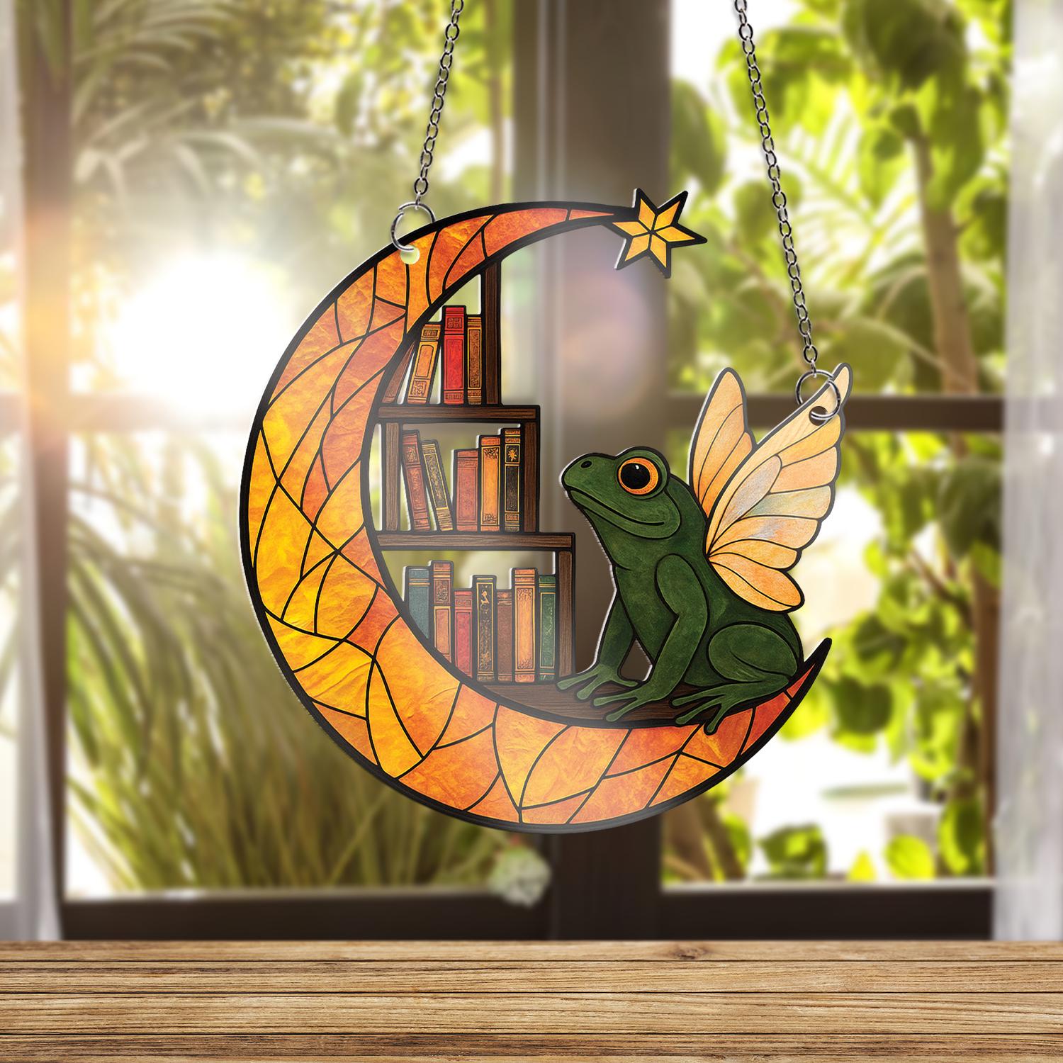 Fairy Frog Moon ACRYLIC Window Hanging, Book Shelf Decor, Crescent Moon Window Hanging, Book Lover Gift, Whimsical Frog Art, Gift For Mom
