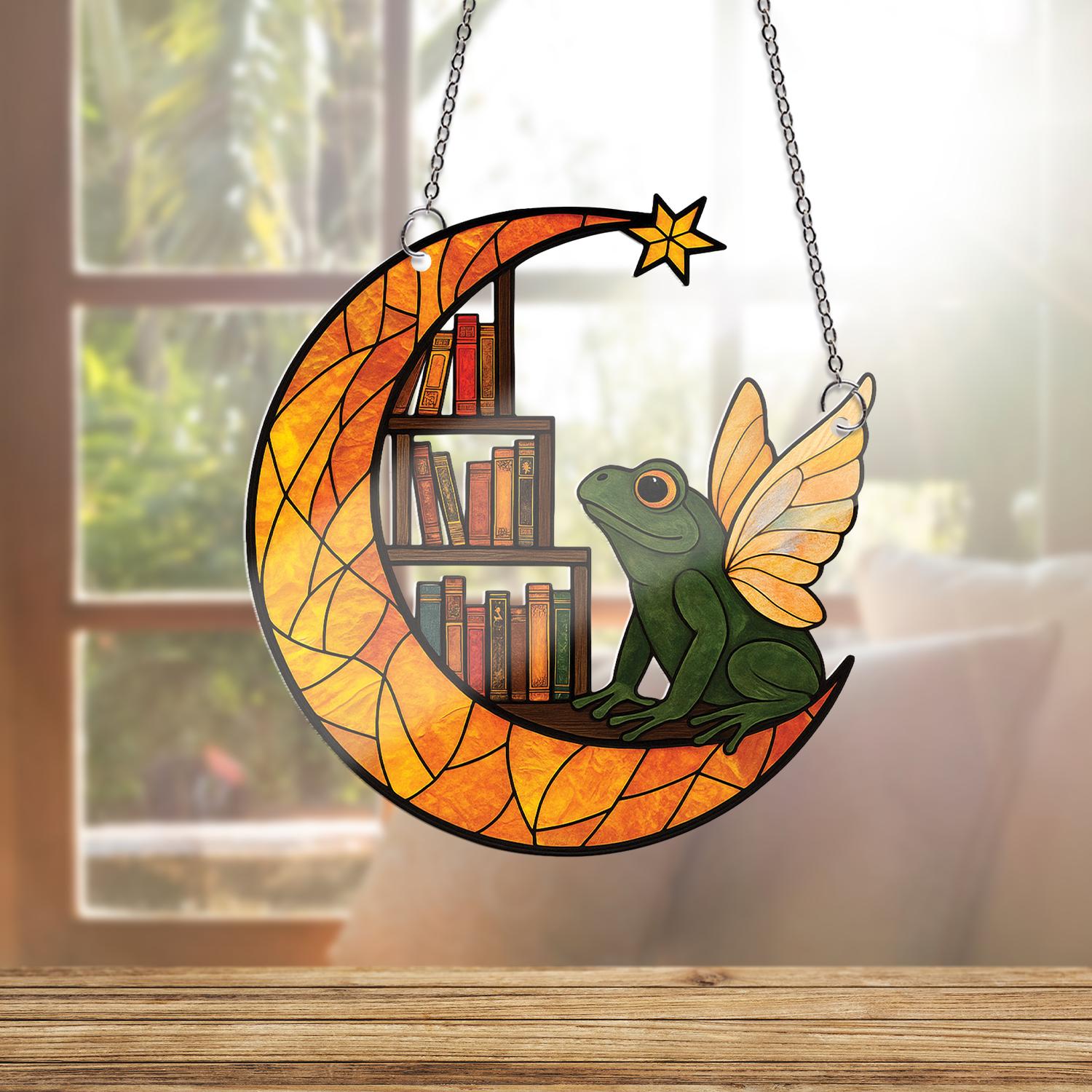 Fairy Frog Moon ACRYLIC Window Hanging, Book Shelf Decor, Crescent Moon Window Hanging, Book Lover Gift, Whimsical Frog Art, Gift For Mom