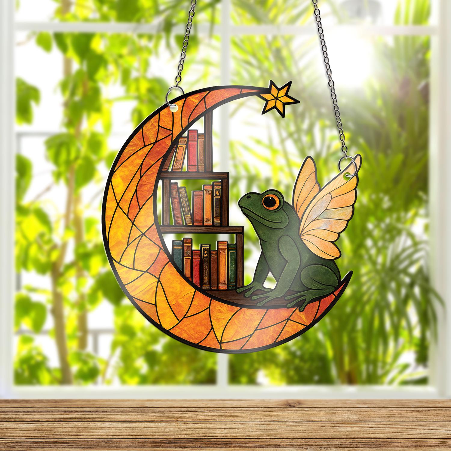 Fairy Frog Moon ACRYLIC Window Hanging, Book Shelf Decor, Crescent Moon Window Hanging, Book Lover Gift, Whimsical Frog Art, Gift For Mom