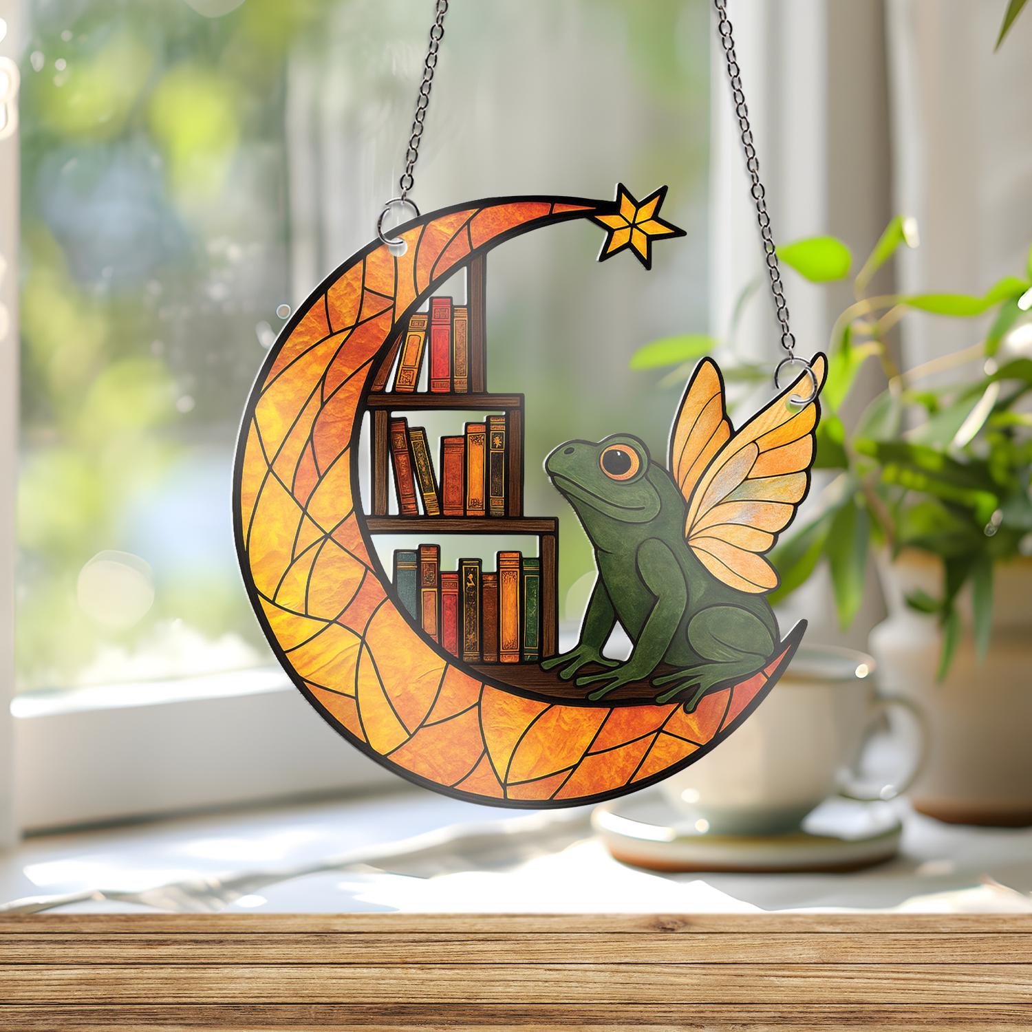 Fairy Frog Moon ACRYLIC Window Hanging, Book Shelf Decor, Crescent Moon Window Hanging, Book Lover Gift, Whimsical Frog Art, Gift For Mom