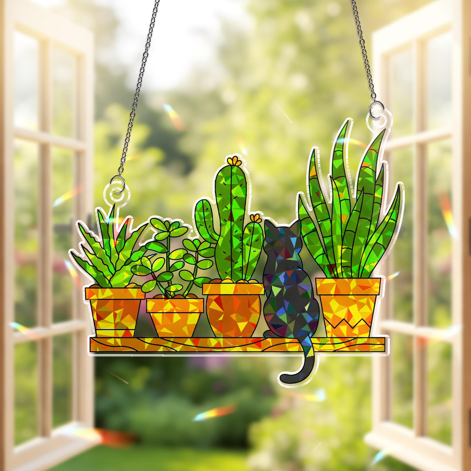 Black Cat and Potted Plants ACRYLIC Window Hanging, Garden Mom Hologram Ornament, Plant Lover Cat Mom Gift Home Window Decor, Mother's Day