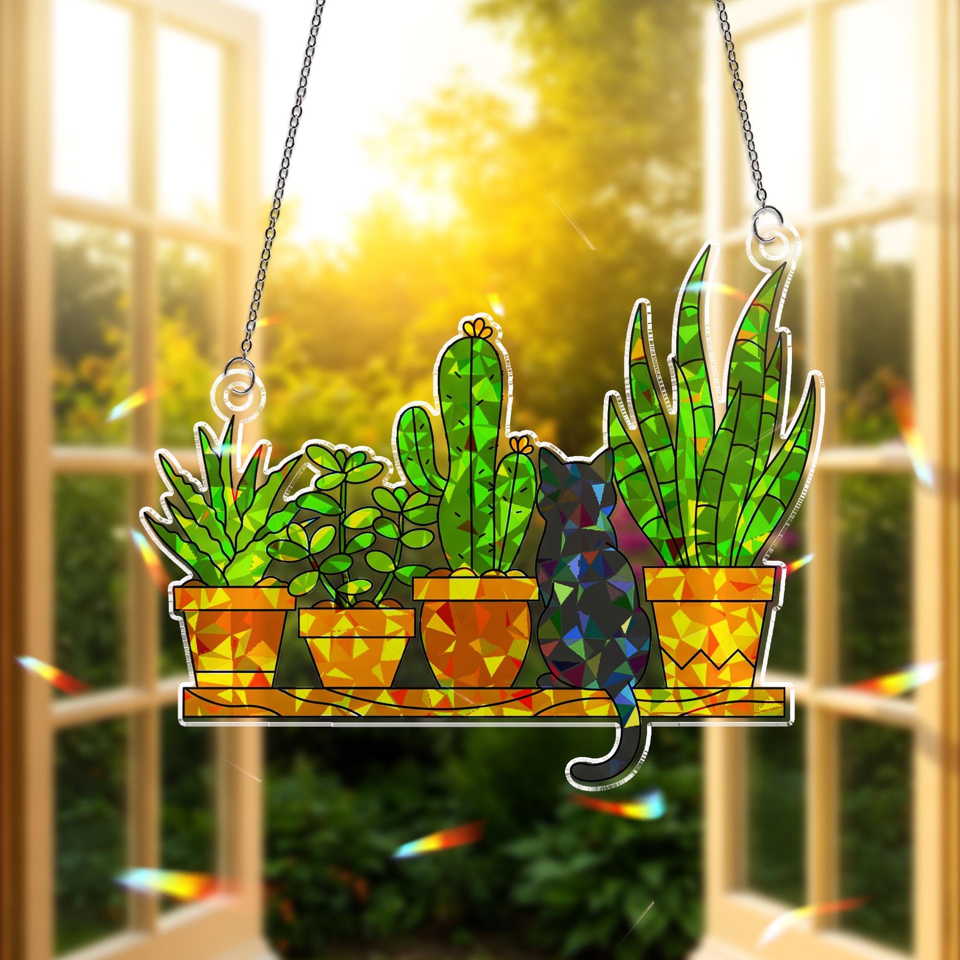 Black Cat and Potted Plants ACRYLIC Window Hanging, Garden Mom Hologram Ornament, Plant Lover Cat Mom Gift Home Window Decor, Mother's Day