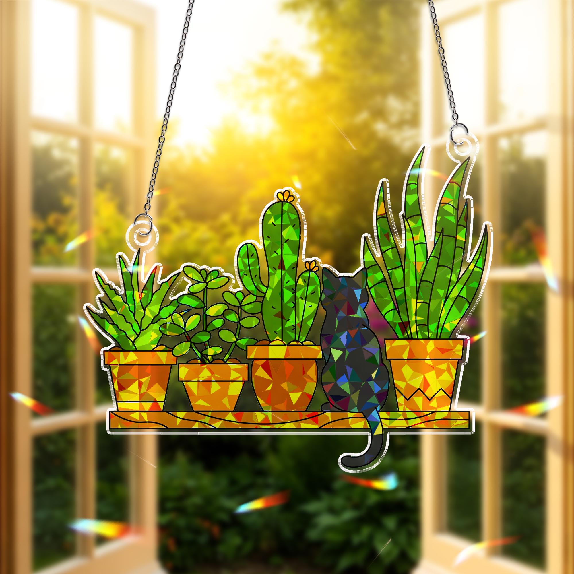 Black Cat and Potted Plants ACRYLIC Window Hanging, Garden Mom Hologram Ornament, Plant Lover Cat Mom Gift Home Window Decor, Mother's Day
