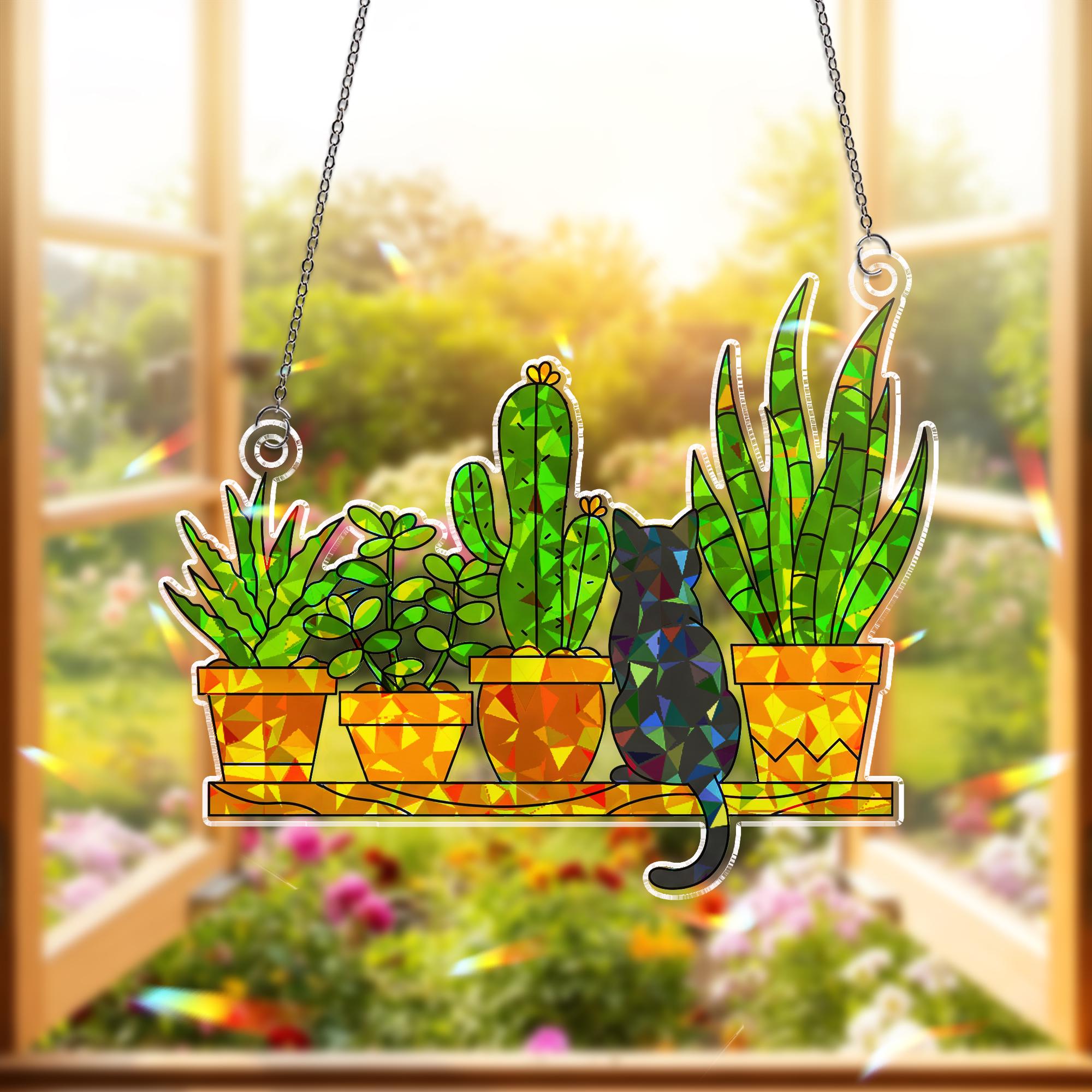 Black Cat and Potted Plants ACRYLIC Window Hanging, Garden Mom Hologram Ornament, Plant Lover Cat Mom Gift Home Window Decor, Mother's Day
