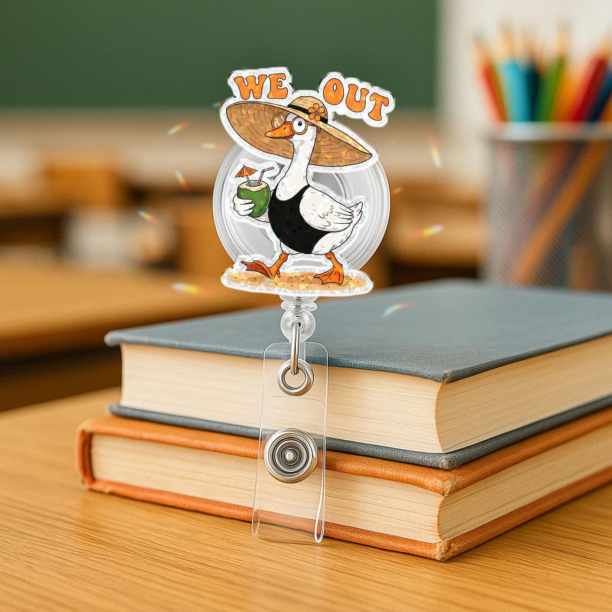 Funny Teacher Summer Badge Reel, We Out Silly Goose ID Clip, School’s Out Gift, Beach Vacation Badge Holder for Educators