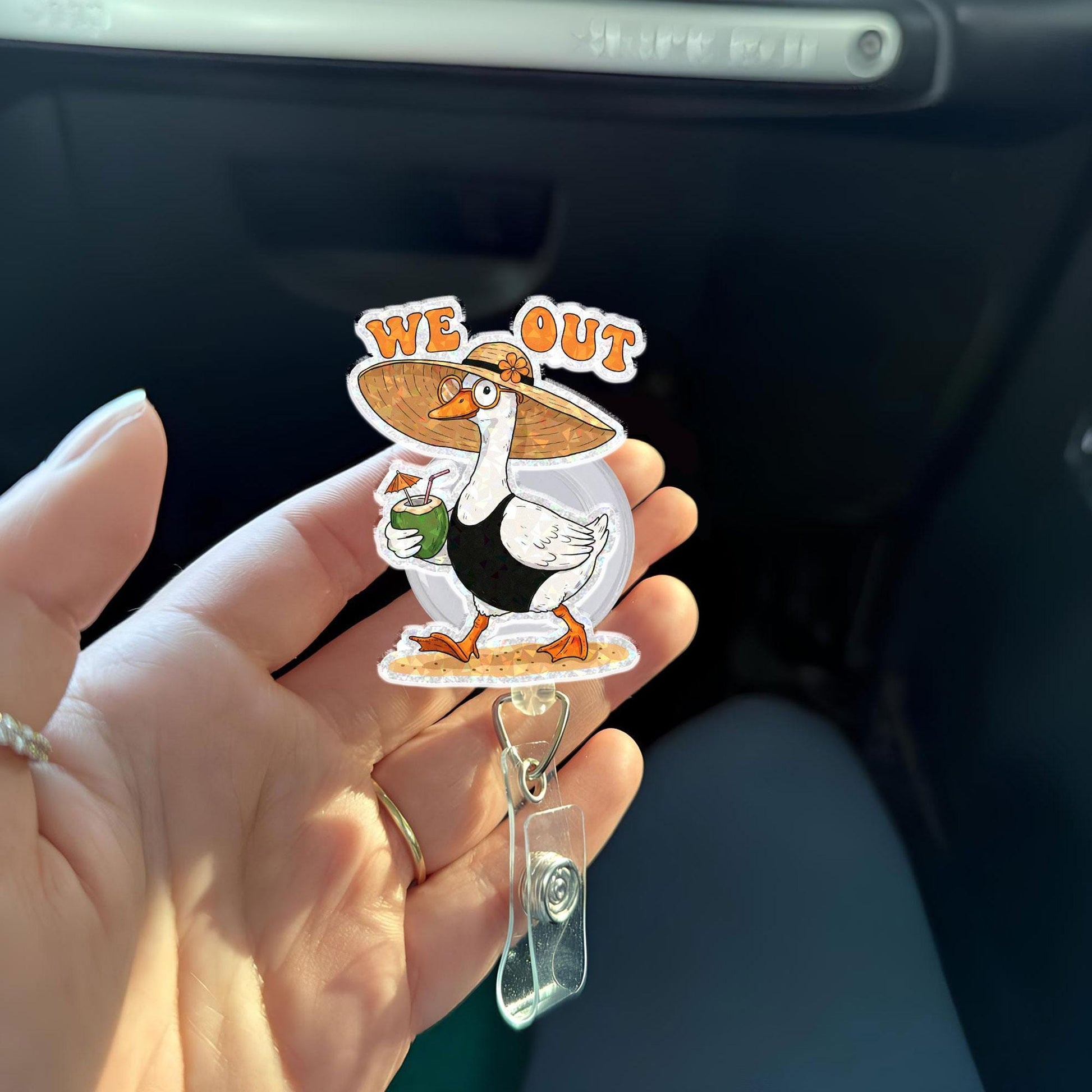 Funny Teacher Summer Badge Reel, We Out Silly Goose ID Clip, School’s Out Gift, Beach Vacation Badge Holder for Educators