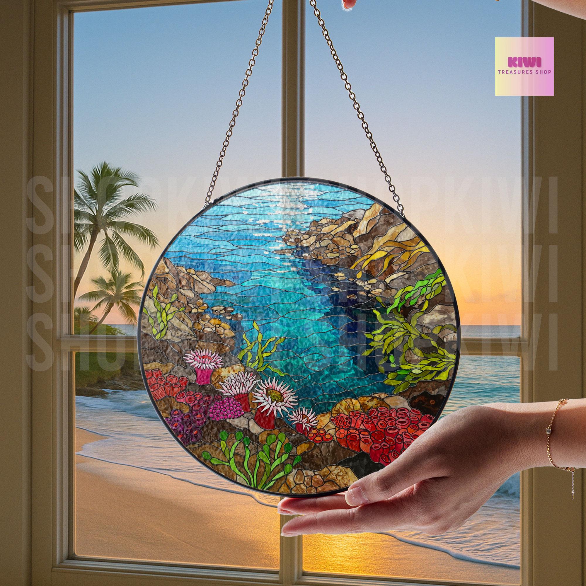 Tidal Pool Glass Suncatcher, Coastal Window Decor, Beach House Summer Vibe, Ocean Lover Gift, Mother's Day Sea Art