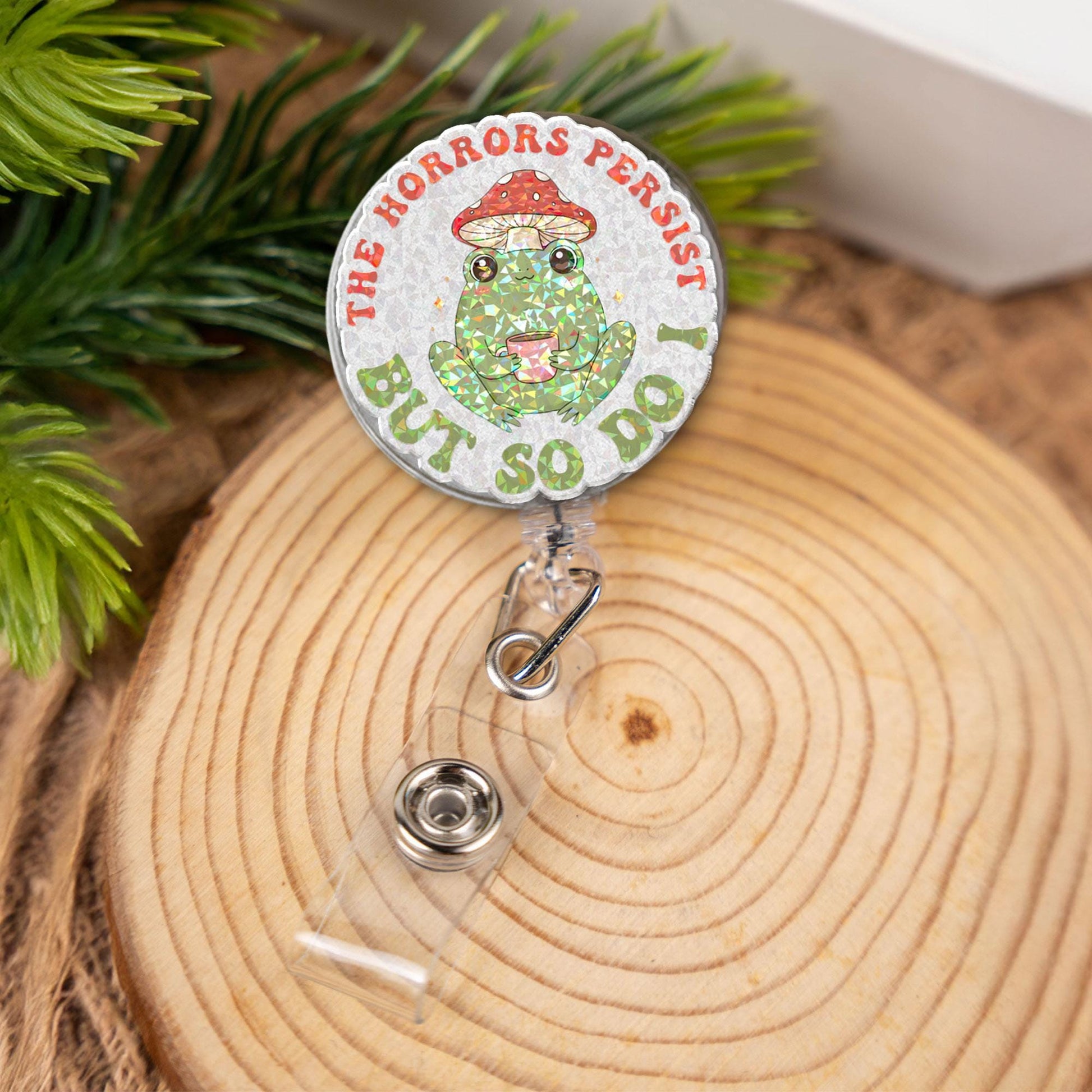 The Horror persist but so do I Badge Reel, Quirky Sarcasm Frog ID Holder for Nurses n Teachers, Fun Accessories for Work Gift, officer humor