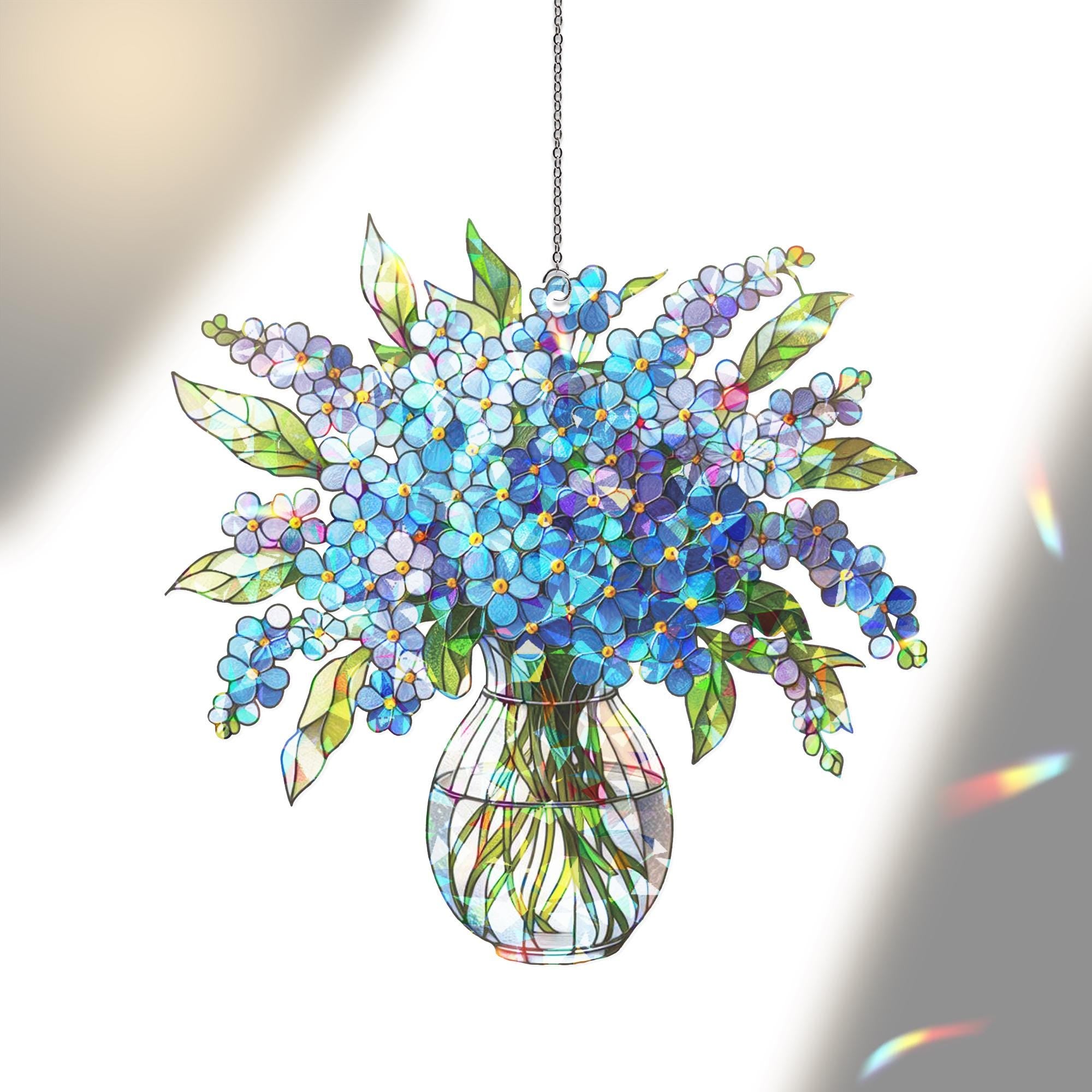 Blue Forget me not Bouquet Hologram Window Hanging, charming kitchen decor for forget me not lovers, perfect Mother’s Day gift suncatcher
