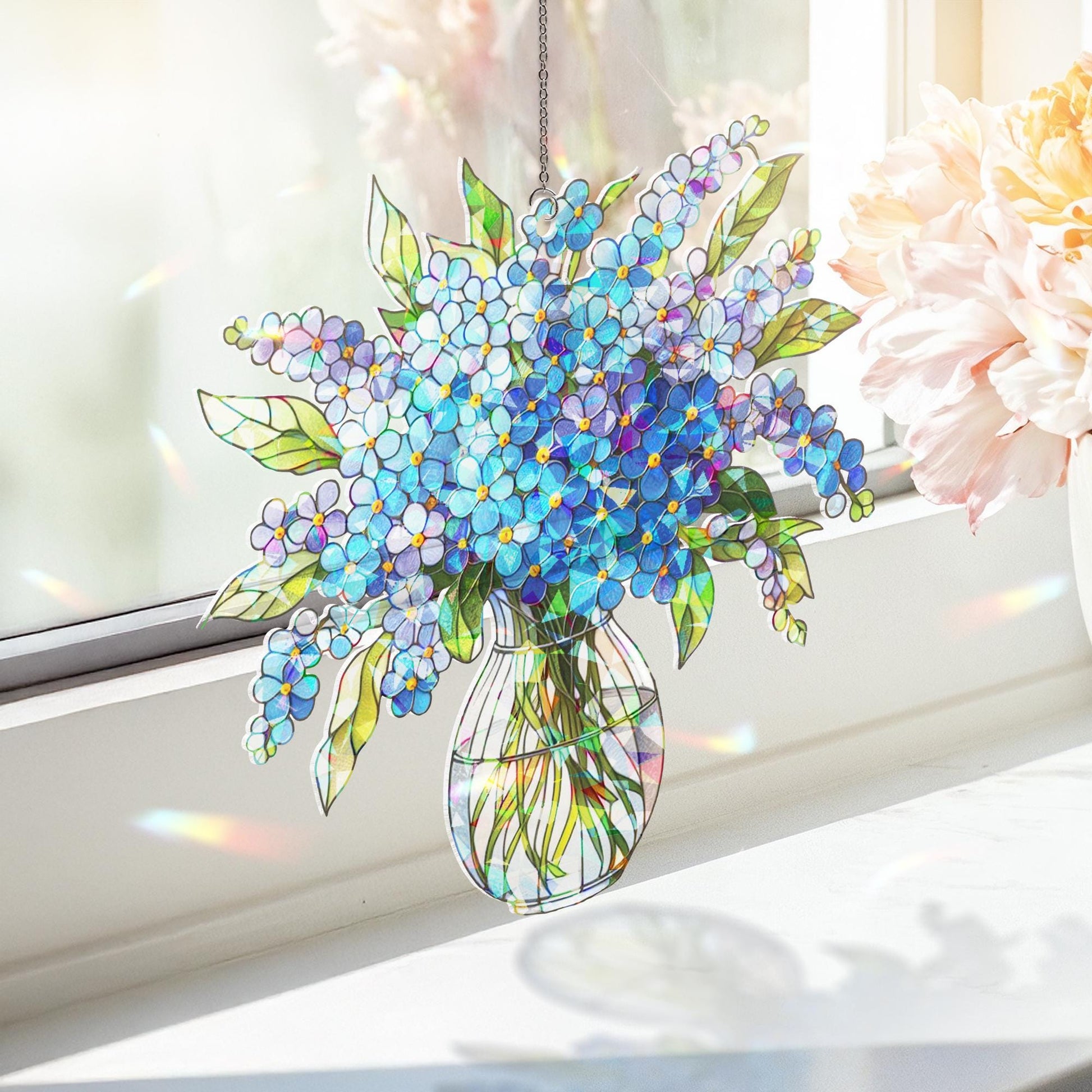 Blue Forget me not Bouquet Hologram Window Hanging, charming kitchen decor for forget me not lovers, perfect Mother’s Day gift suncatcher