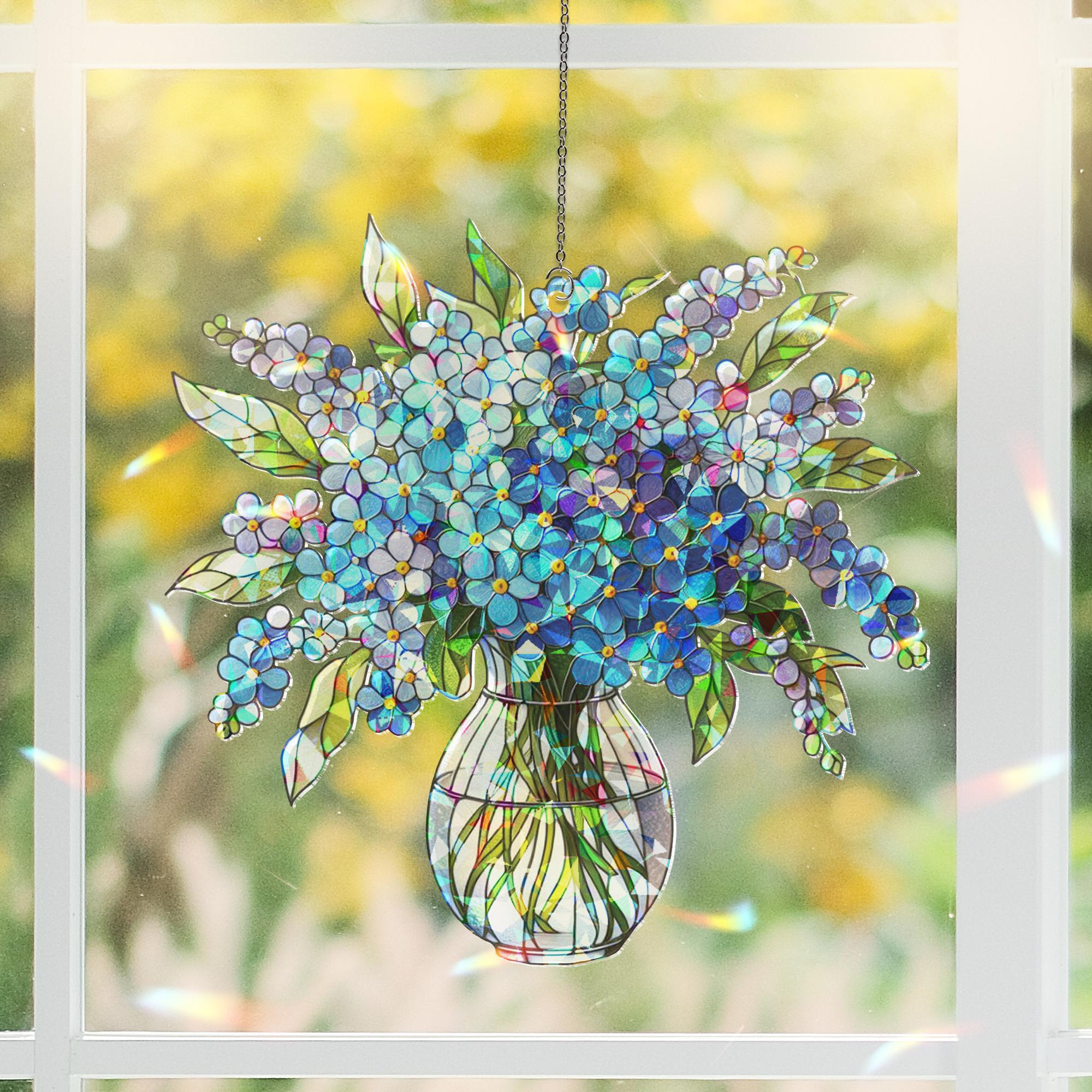 Blue Forget me not Bouquet Hologram Window Hanging, charming kitchen decor for forget me not lovers, perfect Mother’s Day gift suncatcher