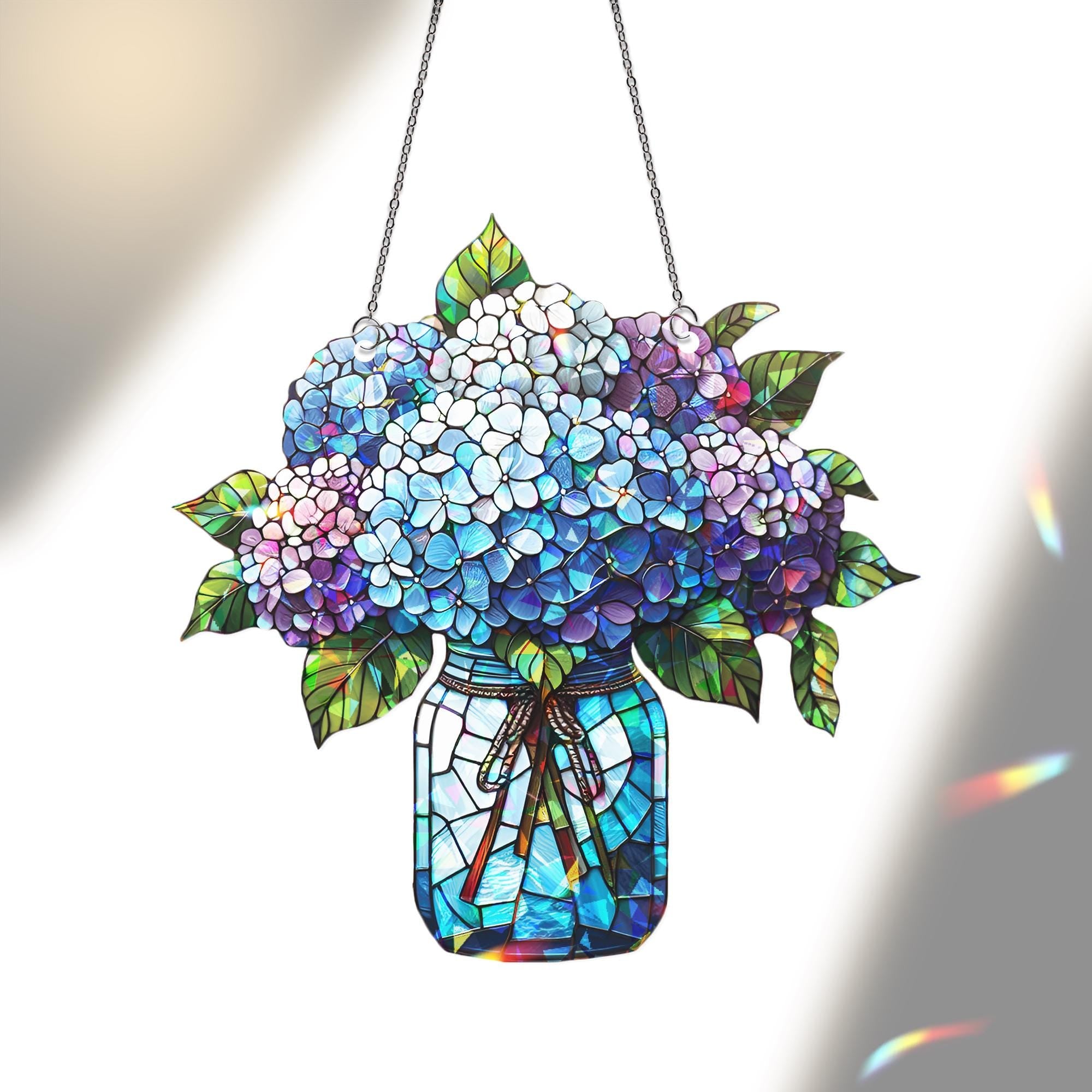 Hydrangeas Bouquet Hologram Window Hanging, charming kitchen decor for forget me not lovers, perfect Mother’s Day gift suncatcher