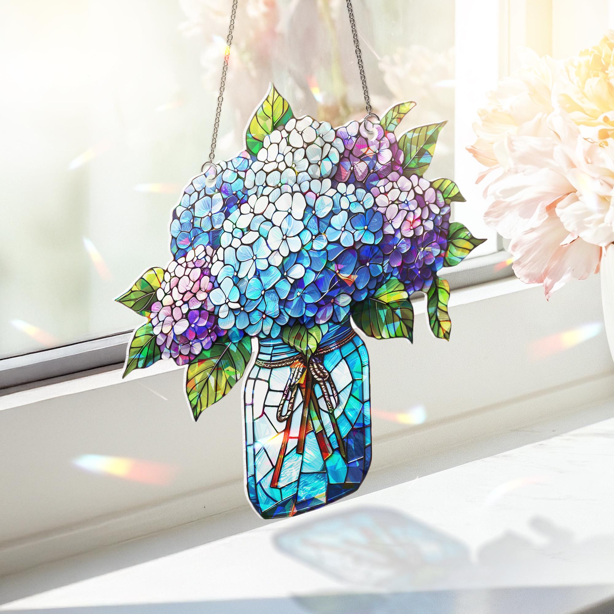 Hydrangeas Bouquet Hologram Window Hanging, charming kitchen decor for forget me not lovers, perfect Mother’s Day gift suncatcher