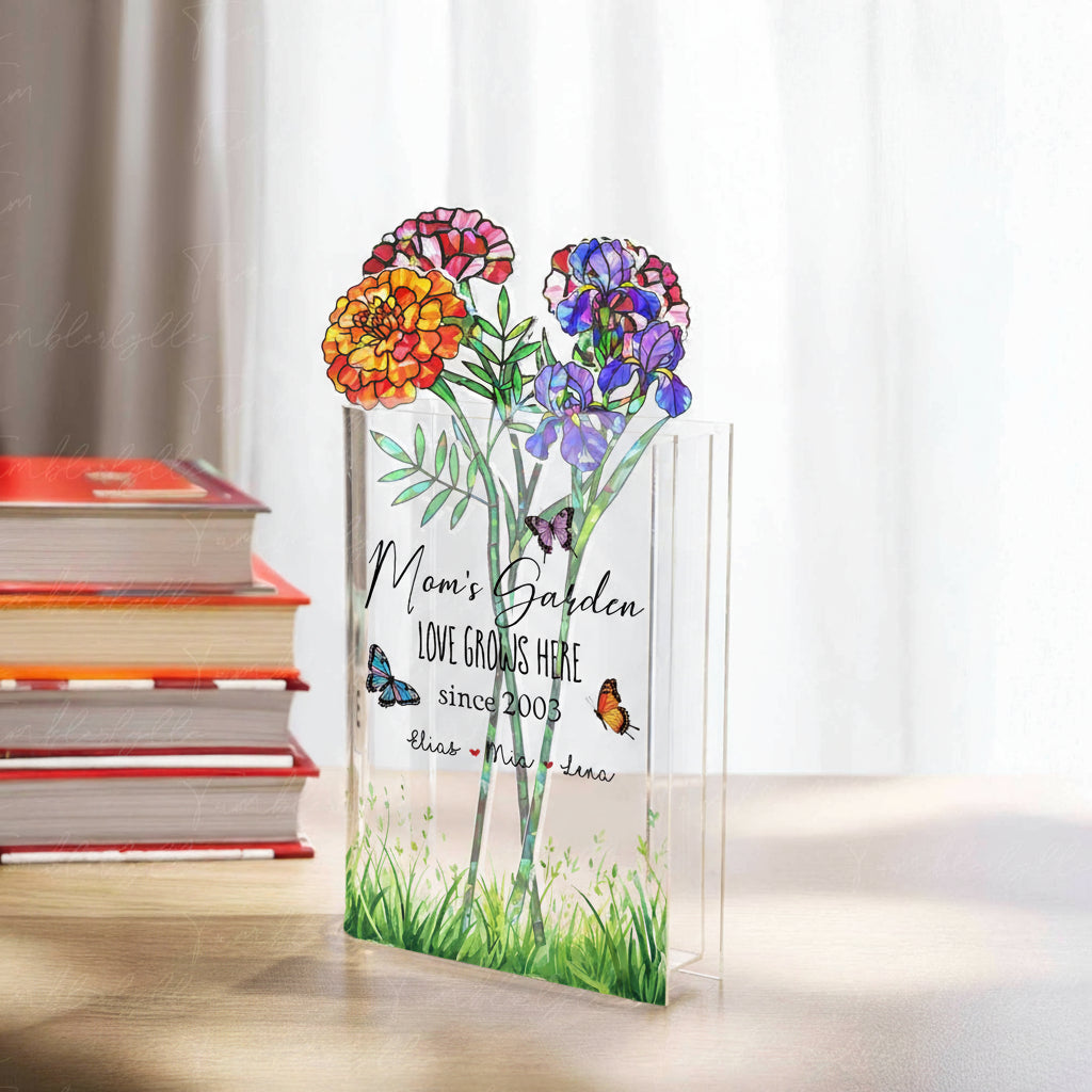 Custom Mom's Garden Acrylic Holographic Birth Flowers & Acrylic Book Vase with Names – Hologram Floral Mother's Day Gift for Mom or Grandma