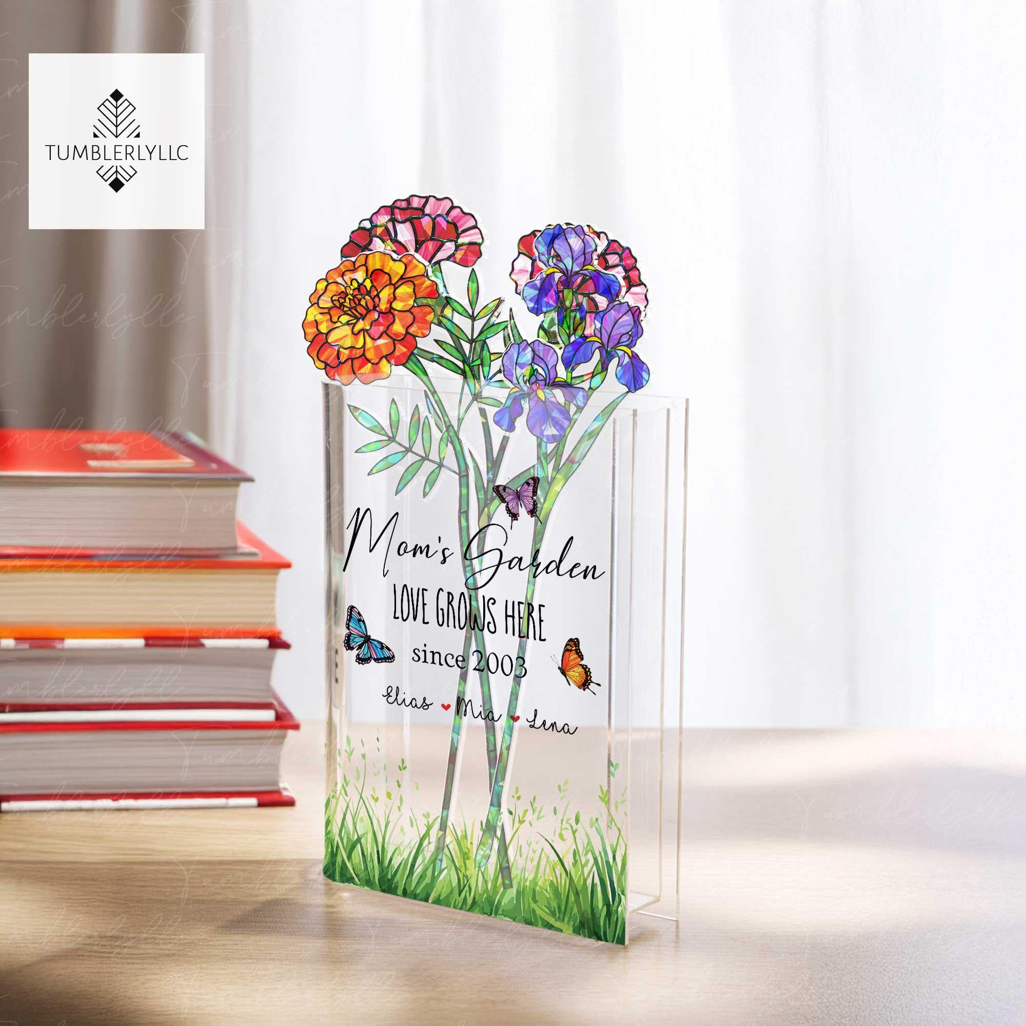 Custom Mom's Garden Acrylic Holographic Birth Flowers & Acrylic Book Vase with Names – Hologram Floral Mother's Day Gift for Mom or Grandma