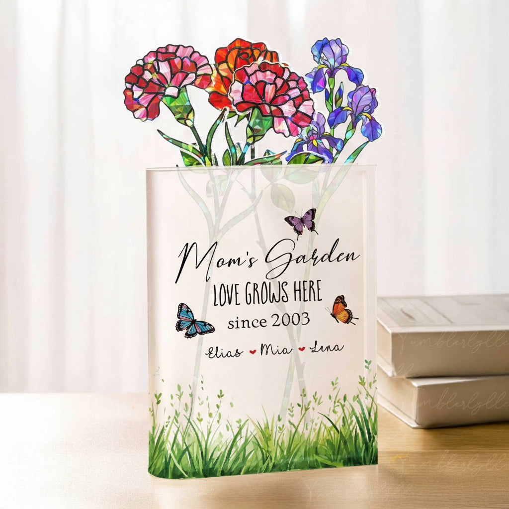Custom Mom's Garden Acrylic Holographic Birth Flowers & Acrylic Book Vase with Names – Hologram Floral Mother's Day Gift for Mom or Grandma