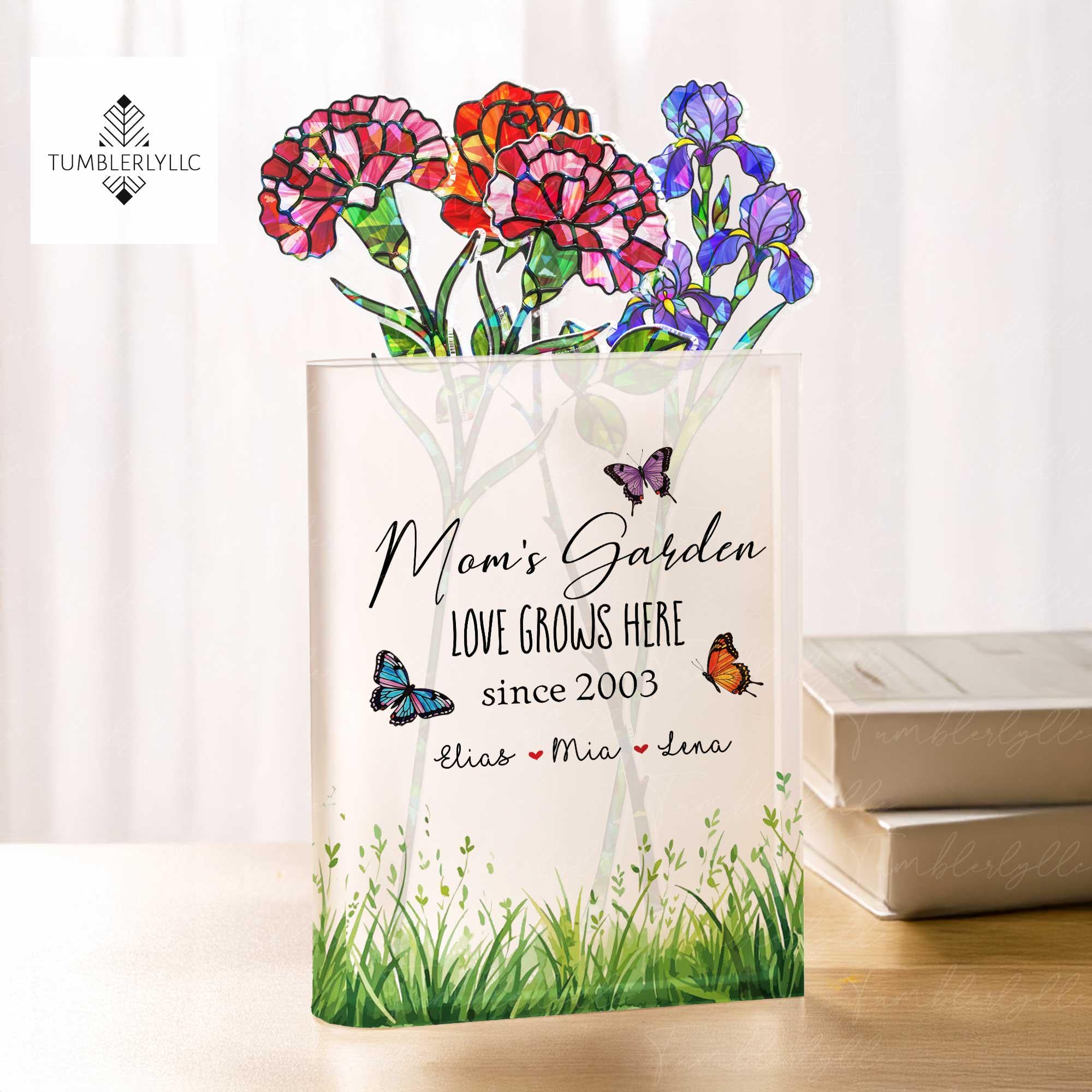 Custom Mom's Garden Acrylic Holographic Birth Flowers & Acrylic Book Vase with Names – Hologram Floral Mother's Day Gift for Mom or Grandma
