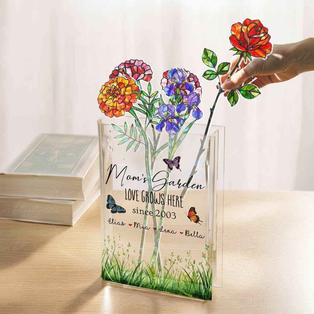 Custom Mom's Garden Acrylic Holographic Birth Flowers & Acrylic Book Vase with Names – Hologram Floral Mother's Day Gift for Mom or Grandma