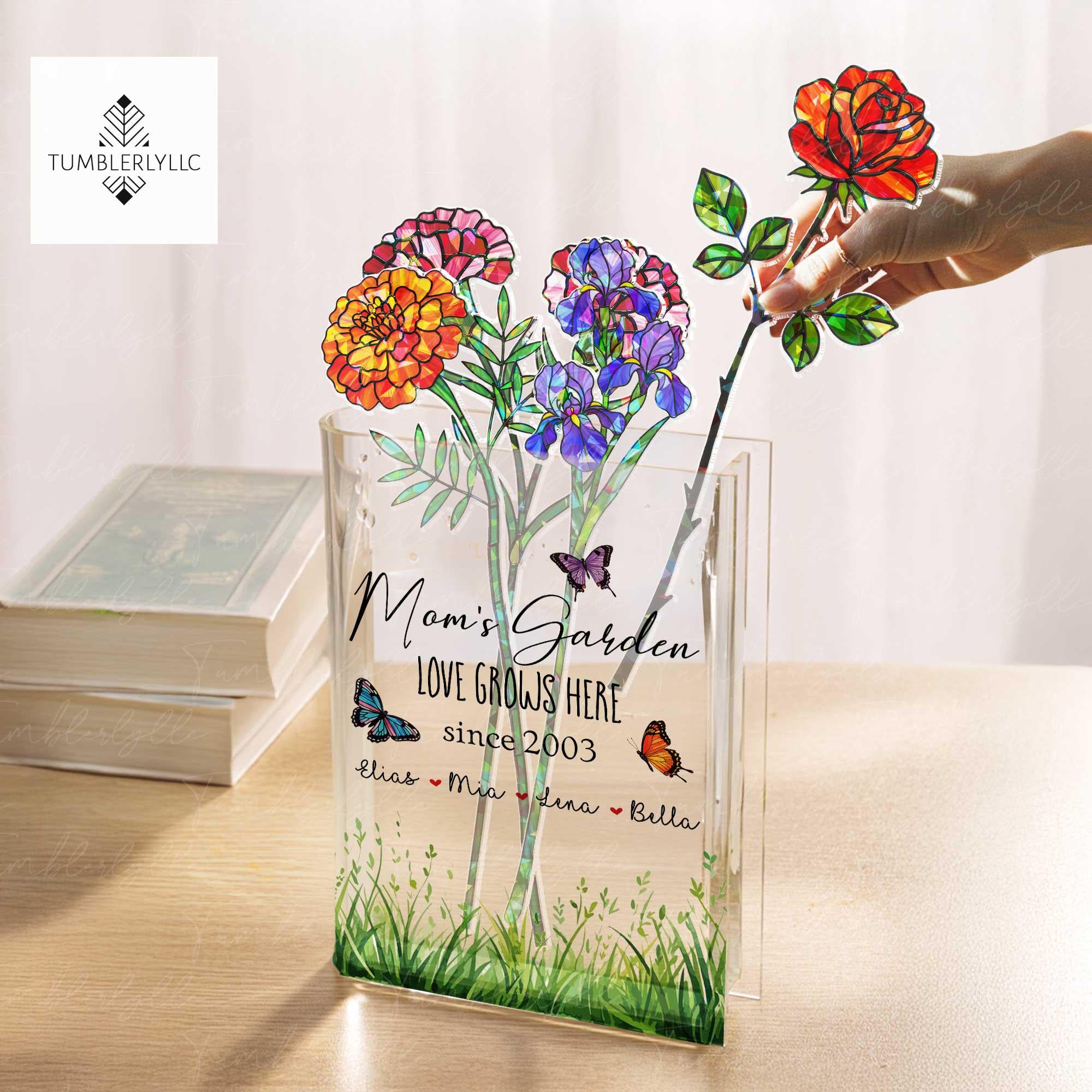 Custom Mom's Garden Acrylic Holographic Birth Flowers & Acrylic Book Vase with Names – Hologram Floral Mother's Day Gift for Mom or Grandma