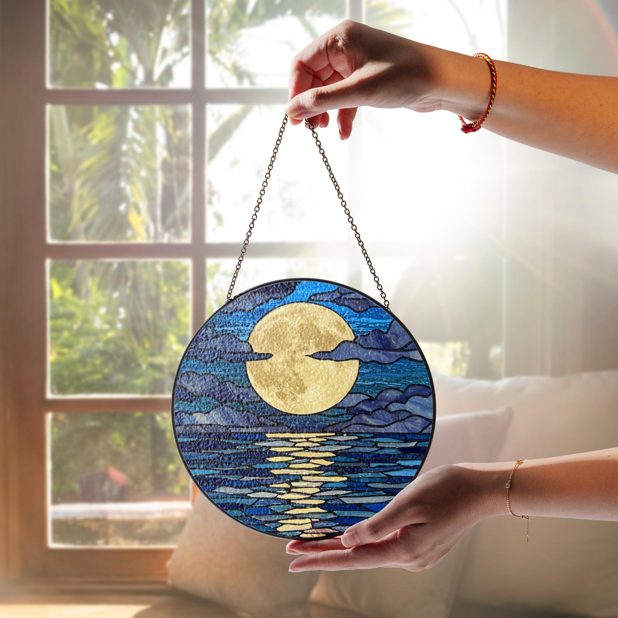Majestic Full Moon Over The Ocean  GLASS Suncatcher, Aesthetic Decoration, Celestial Coastal Decor, Mother's Day Gift, Gift For Mom,Elegant