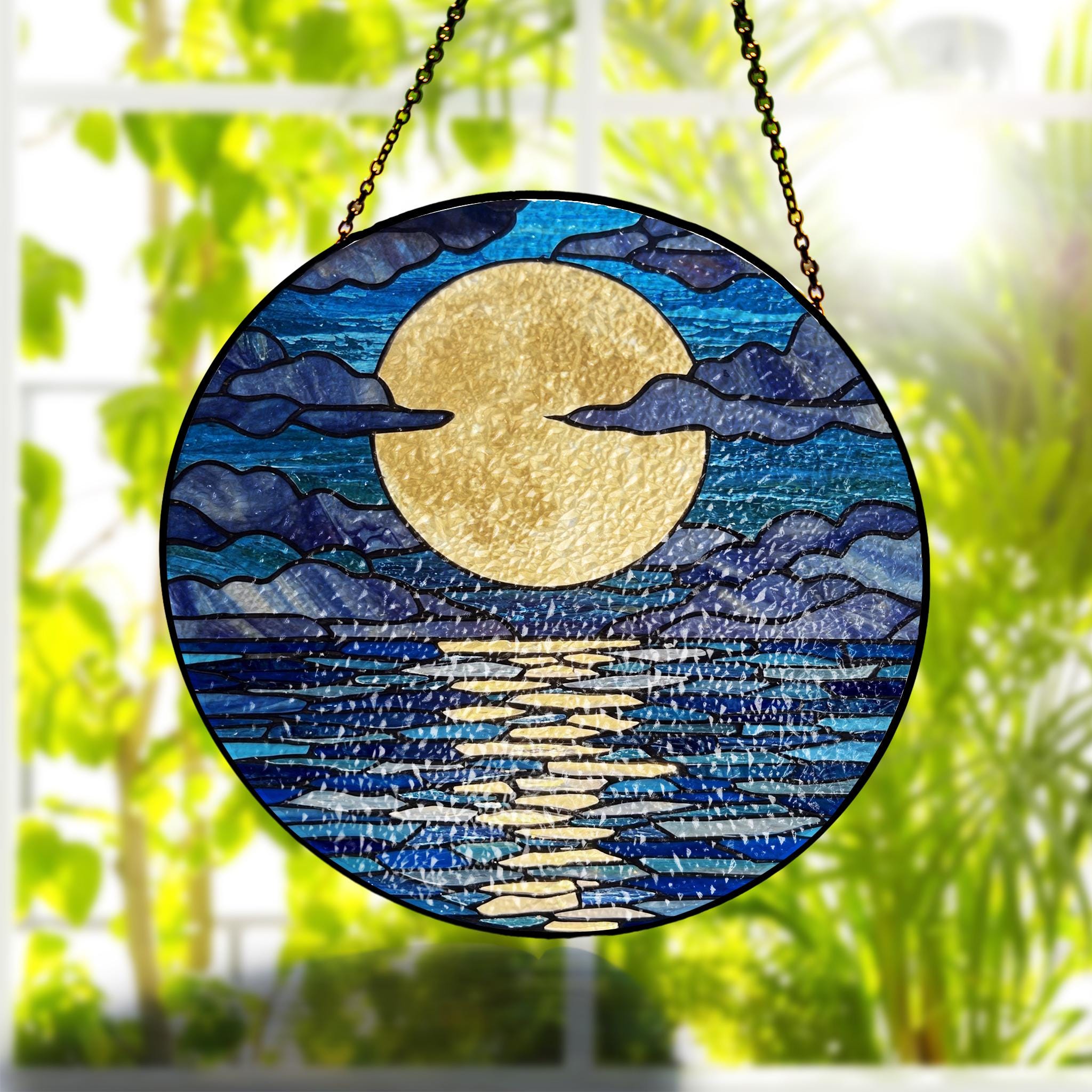 Majestic Full Moon Over The Ocean  GLASS Suncatcher, Aesthetic Decoration, Celestial Coastal Decor, Mother's Day Gift, Gift For Mom,Elegant