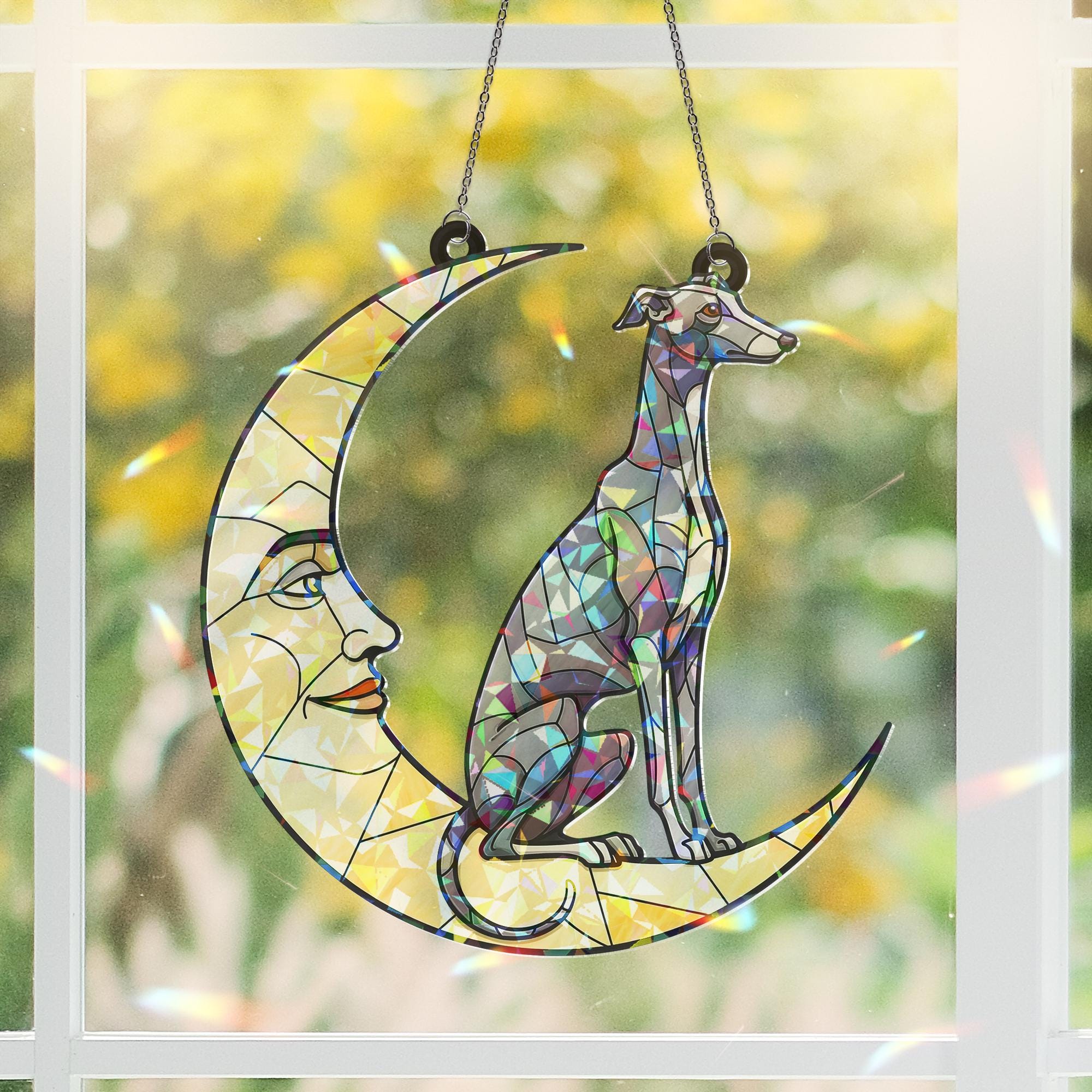 Greyhound on crescent moon Hologram Acrylic Window hanging, Handcrafted greyhound Decor,  , suncatcher ornament