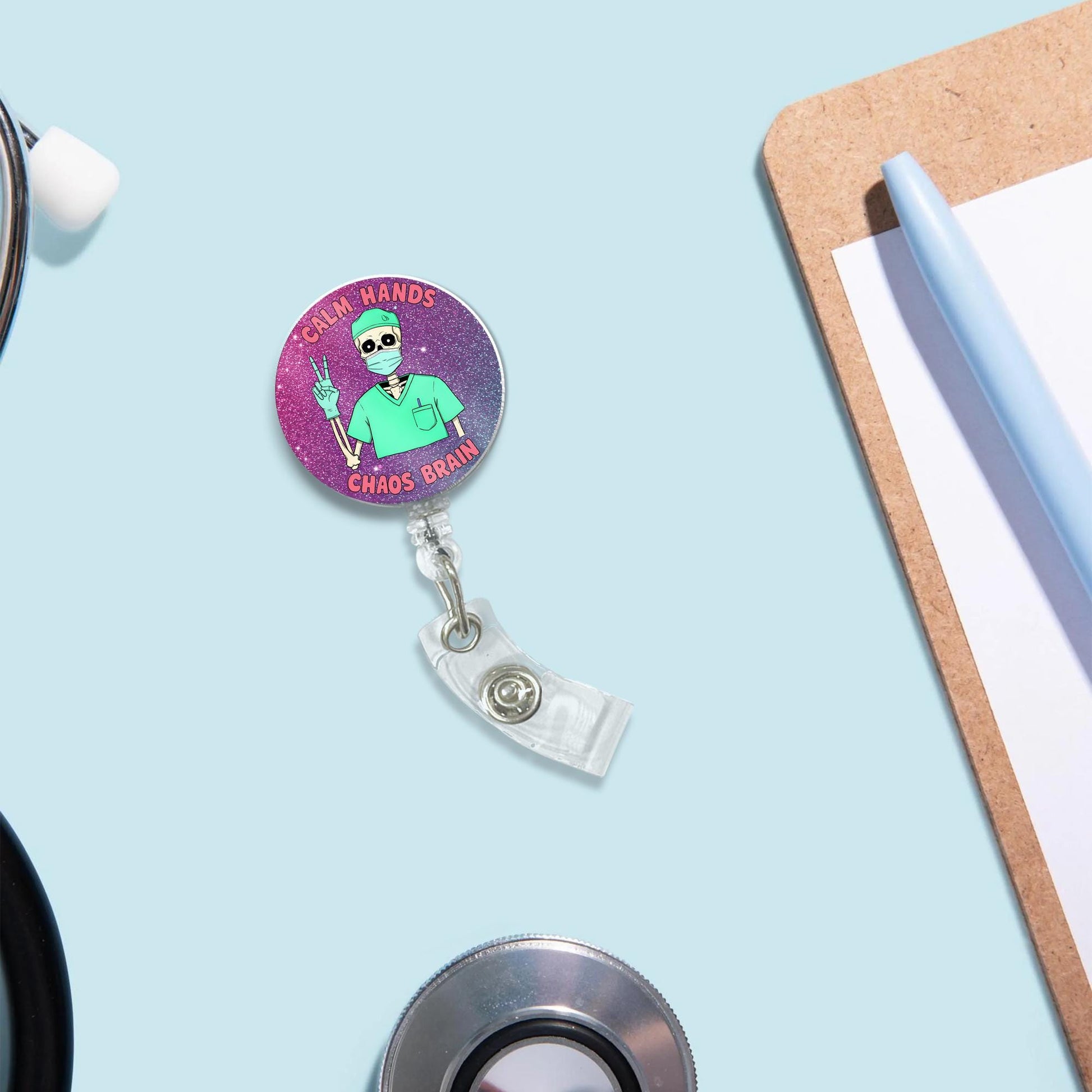 Funny Skeleton Nurse Badge Reel –Calm Hands Chaos Brain ID Holder, CNA RN Surgeon Gift, Nursing Assistant Badge Clip, Medical Work Accessory