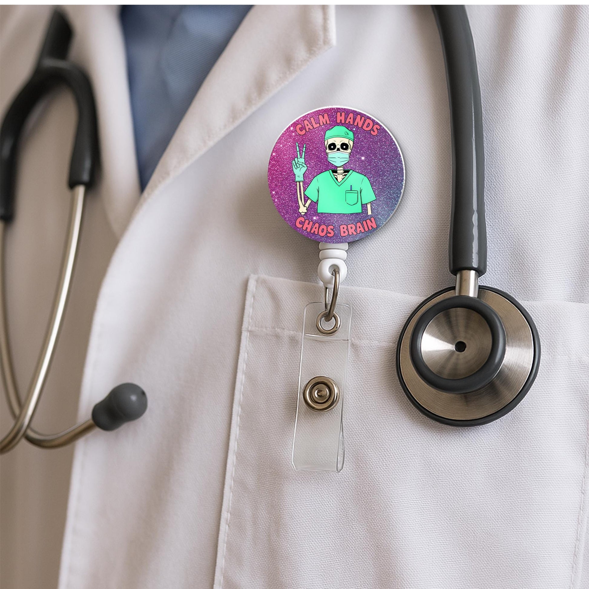 Funny Skeleton Nurse Badge Reel –Calm Hands Chaos Brain ID Holder, CNA RN Surgeon Gift, Nursing Assistant Badge Clip, Medical Work Accessory