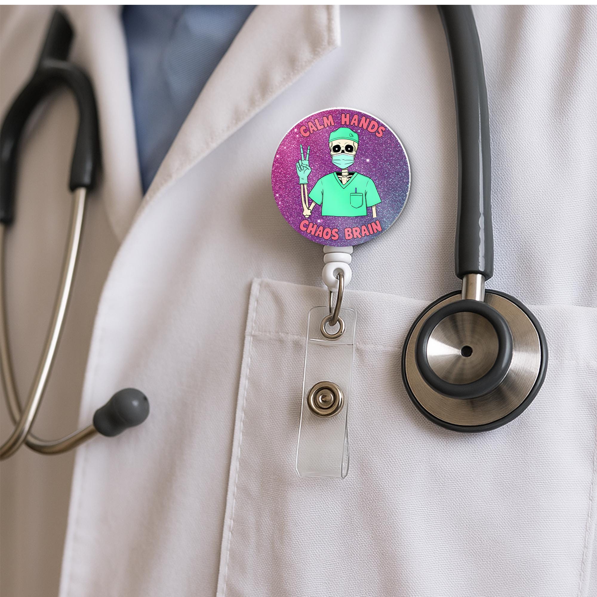 Funny Skeleton Nurse Badge Reel –Calm Hands Chaos Brain ID Holder, CNA RN Surgeon Gift, Nursing Assistant Badge Clip, Medical Work Accessory