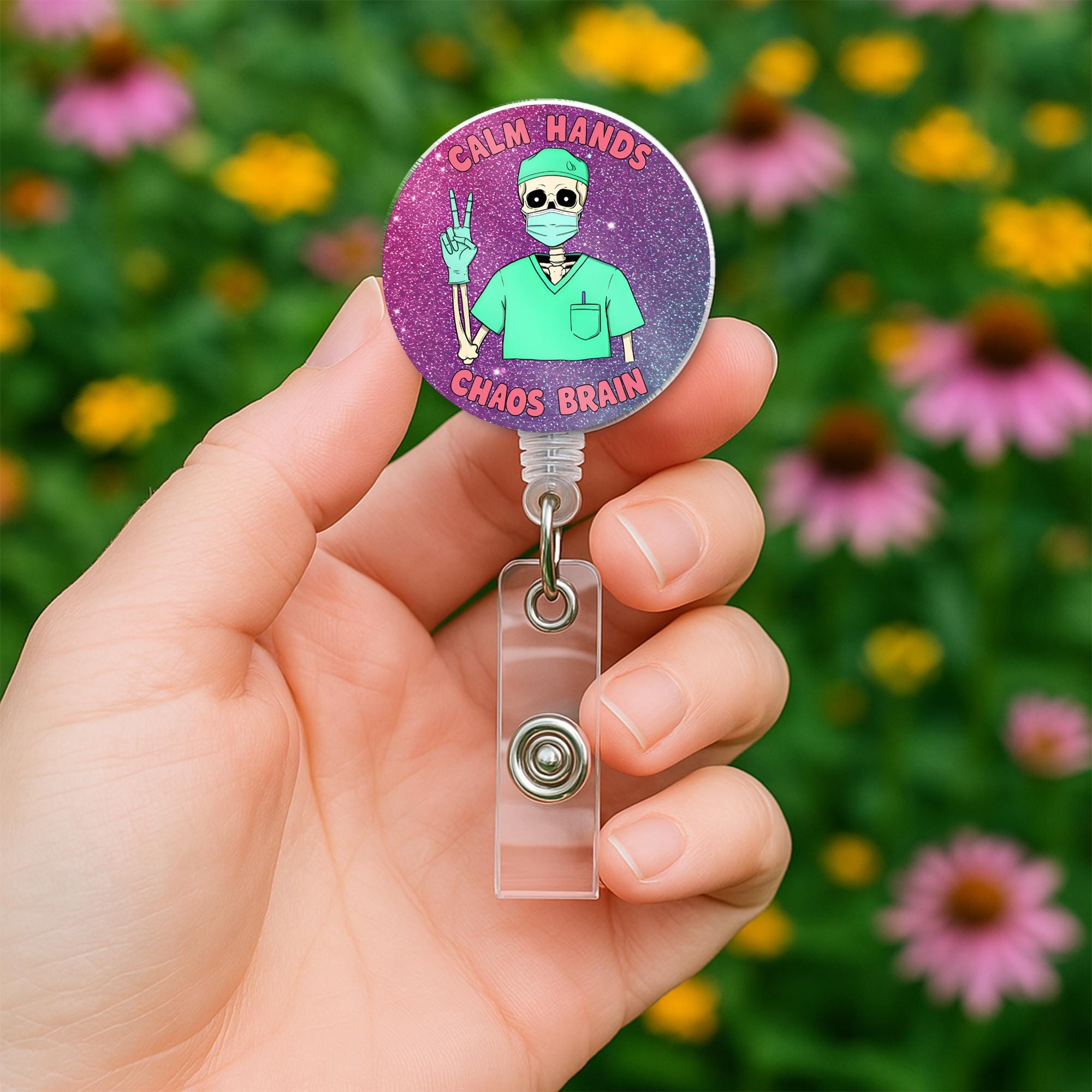 Funny Skeleton Nurse Badge Reel –Calm Hands Chaos Brain ID Holder, CNA RN Surgeon Gift, Nursing Assistant Badge Clip, Medical Work Accessory