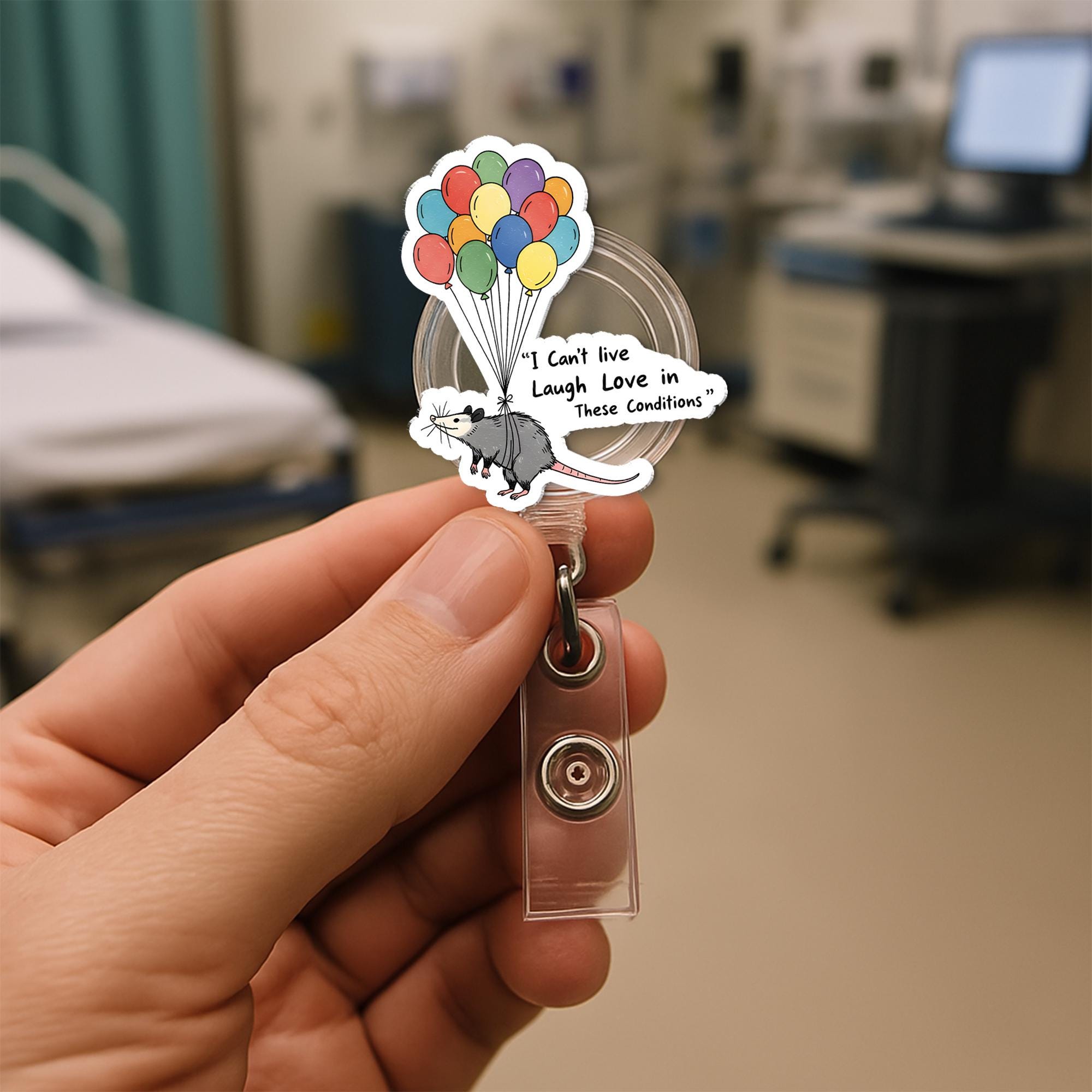 Funny Opossum Badge Reel – “I Can’t Live Laugh Love” ID Holder Badge Reel, Anxiety Stress Humor Badge Clip Nurse Gift, Work Humor Accessory