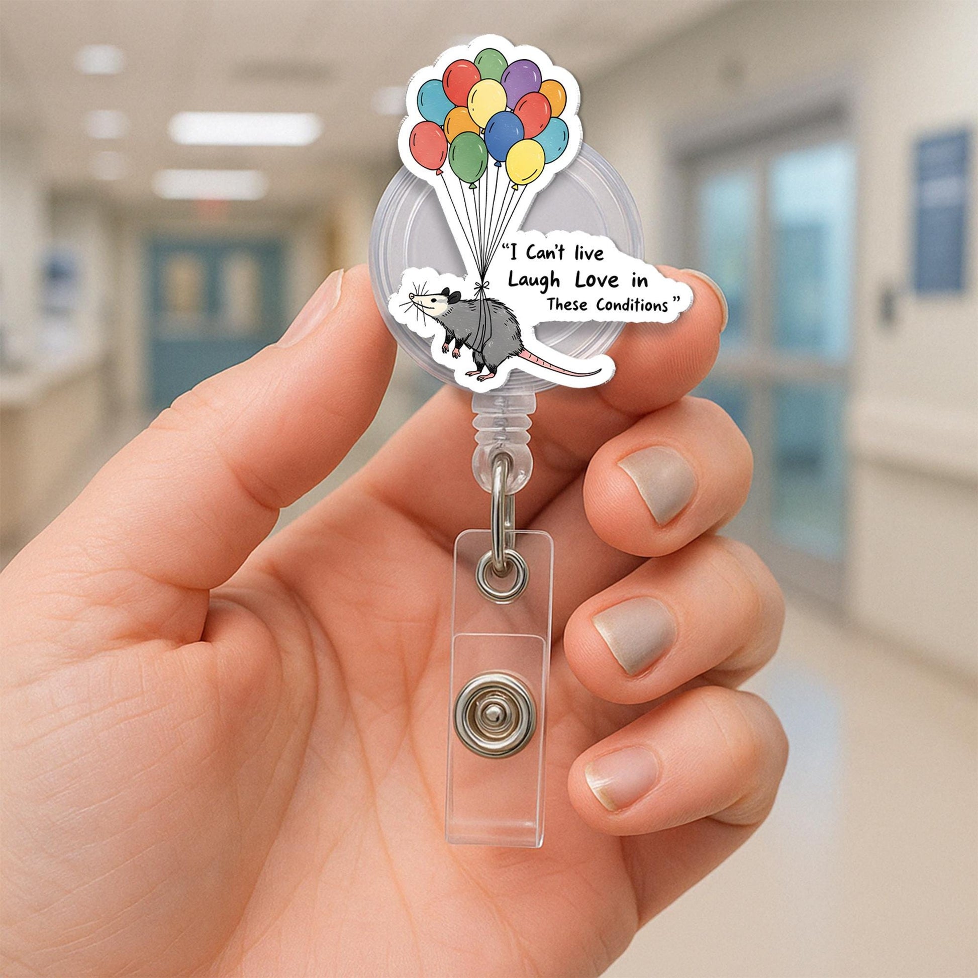 Funny Opossum Badge Reel – “I Can’t Live Laugh Love” ID Holder Badge Reel, Anxiety Stress Humor Badge Clip Nurse Gift, Work Humor Accessory