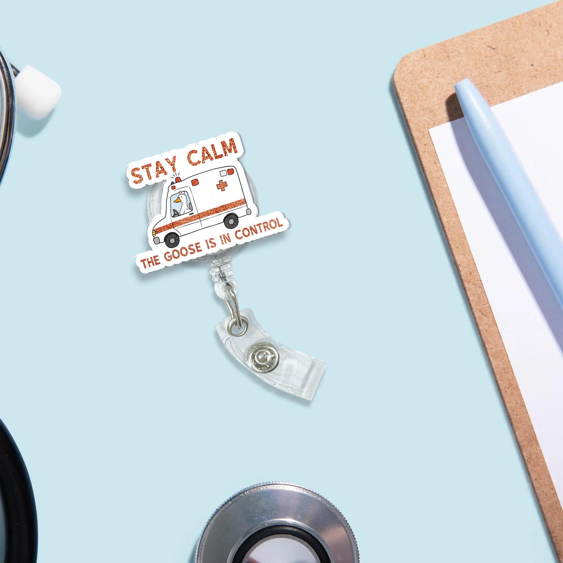 Funny Silly Goose ER Nurse Badge Reel – Stay Calm the Goose Is in Control ID Holder, Ems EMT Crew Nurse Badge Reel, Emergency Humor Gift