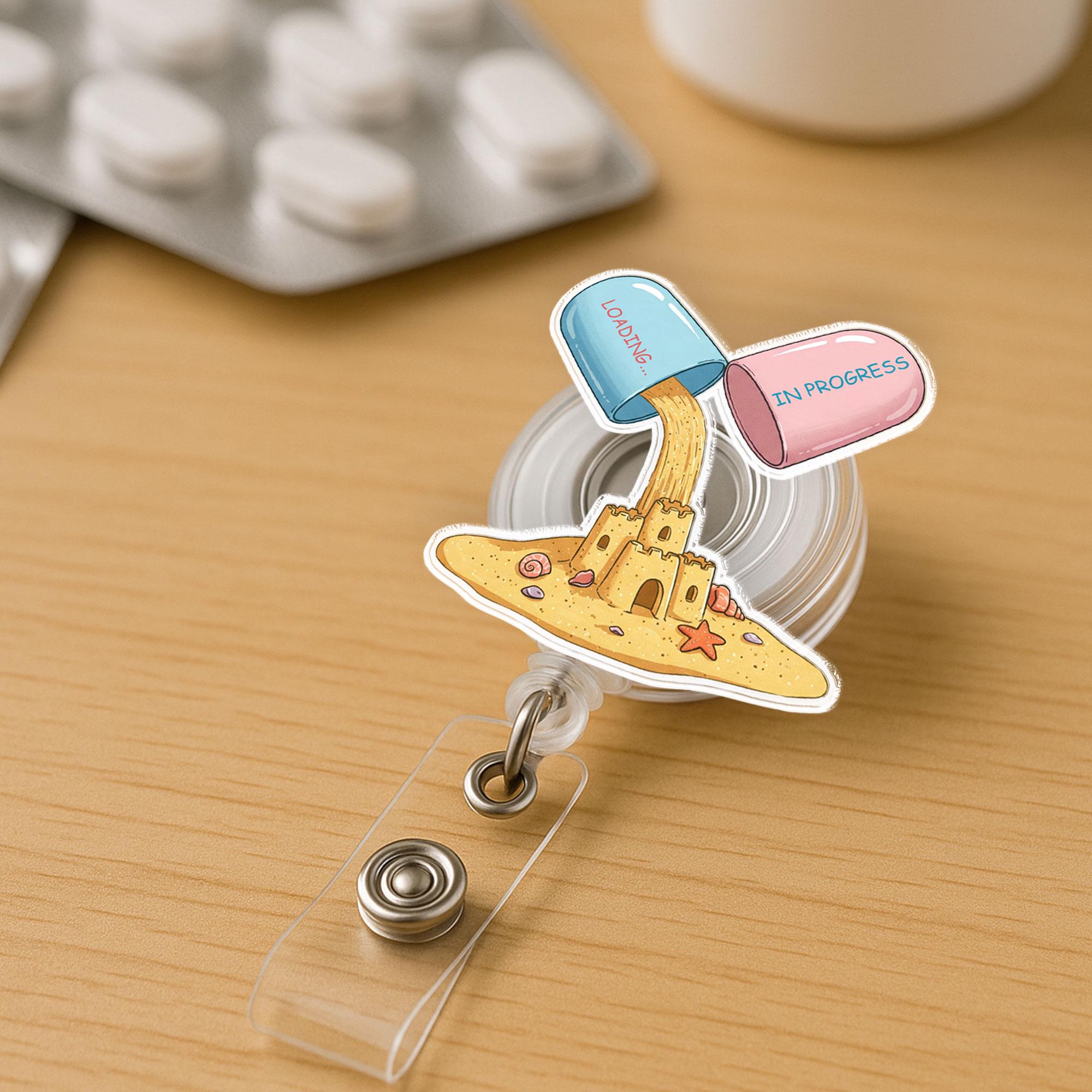 Funny Medicine Badge Reel - Summer Loading Sandcastle Nurse Gift - Pharmacist Tech Cute Meds ID Holder - Summer Coming Badge Clip