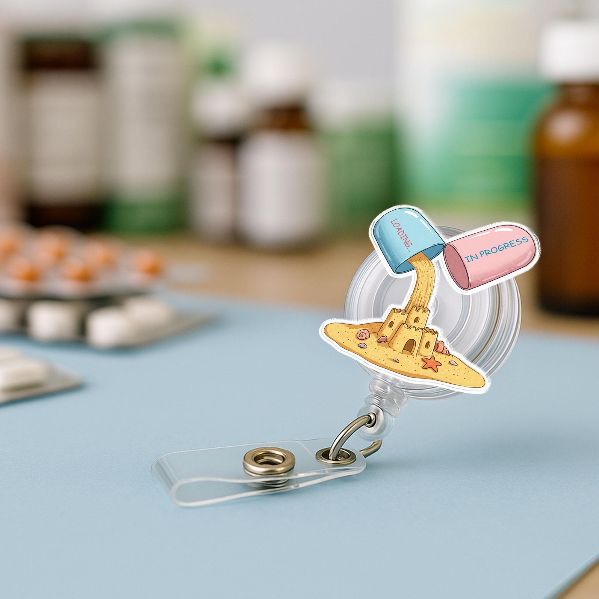 Funny Medicine Badge Reel - Summer Loading Sandcastle Nurse Gift - Pharmacist Tech Cute Meds ID Holder - Summer Coming Badge Clip