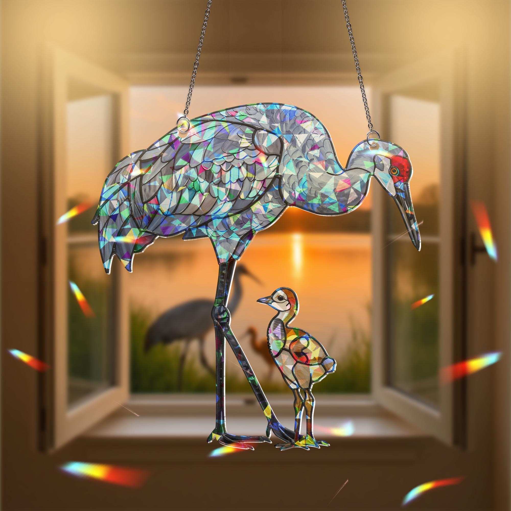 Sandhill Crane Mom and Baby Suncatcher – Holographic Window Hanging Gift for Custom Mom on Mother's Day
