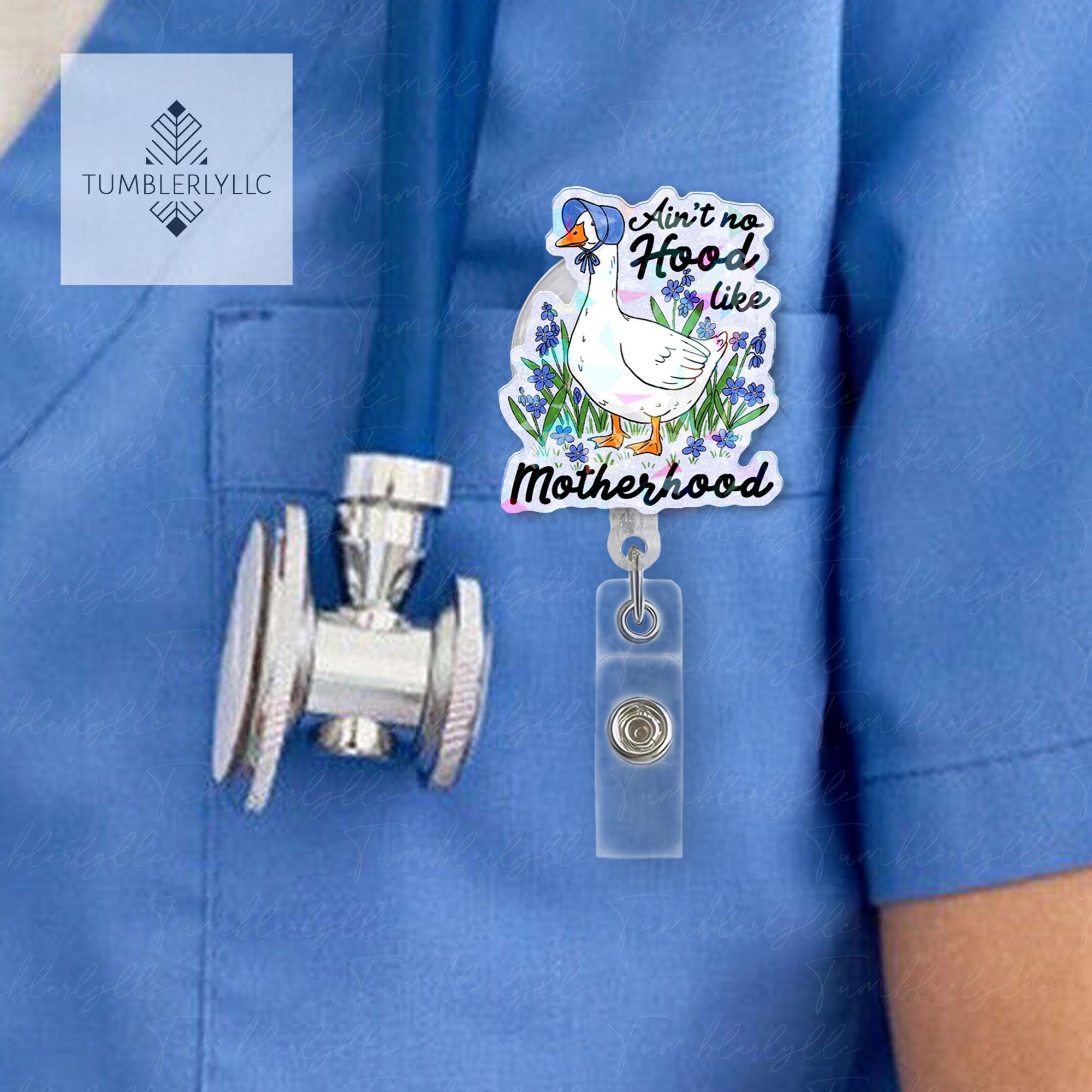 Funny Mom Goose Badge Reel – Ain’t No Hood Like Motherhood ID Holder – Silly Goose Nurse Gift – Cute Mom Life Badge Clip