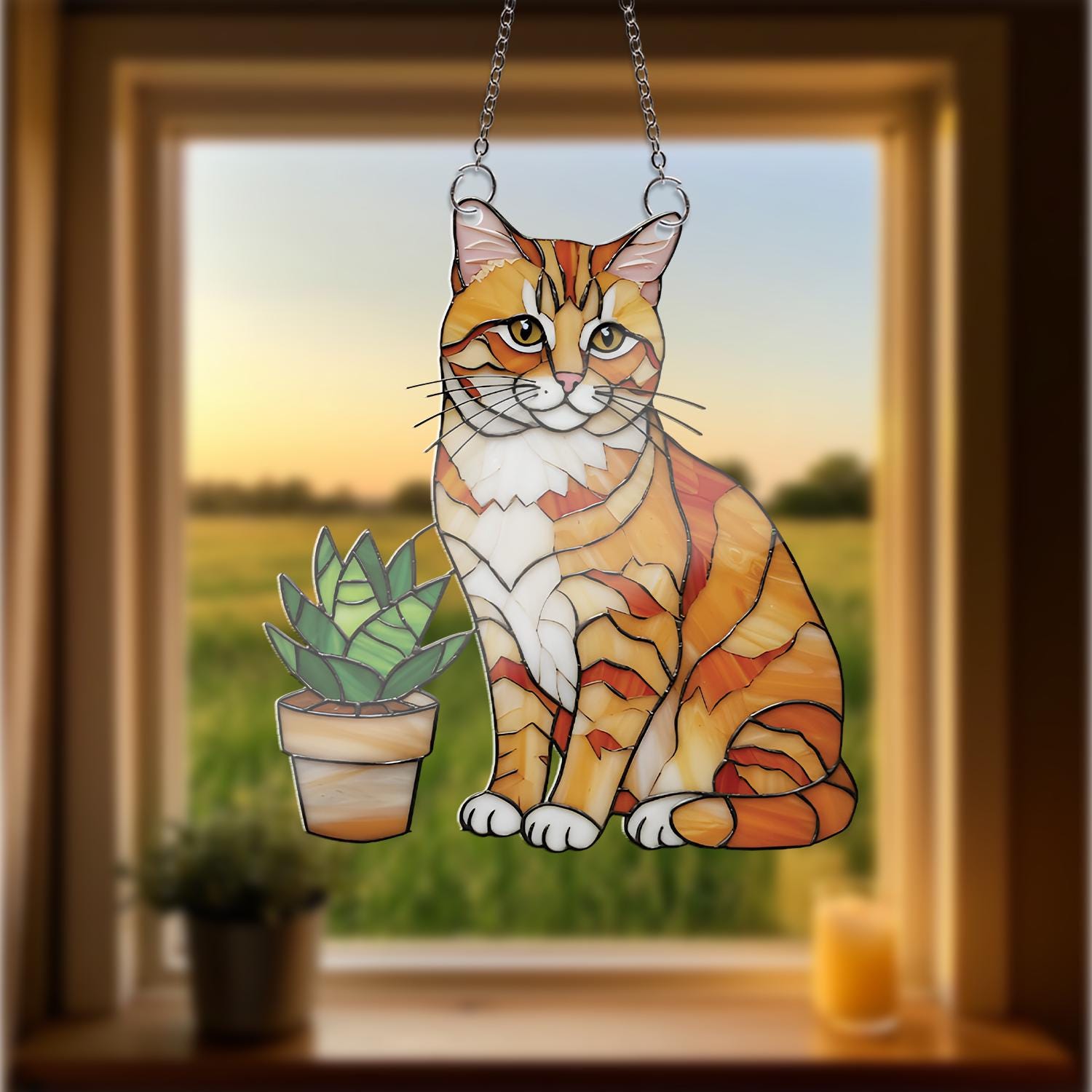 Orange Cat with Succulent Acrylic Window Hanging, Stained Glass Style Decor, Cat Lover Gift, Plant Window Art, Cute Home Accent