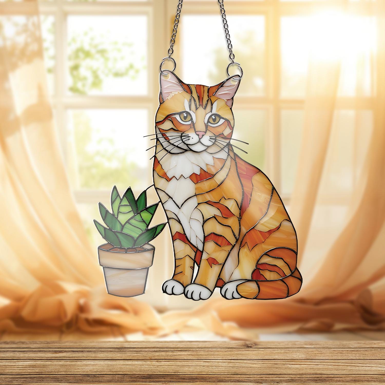 Orange Cat with Succulent Acrylic Window Hanging, Stained Glass Style Decor, Cat Lover Gift, Plant Window Art, Cute Home Accent