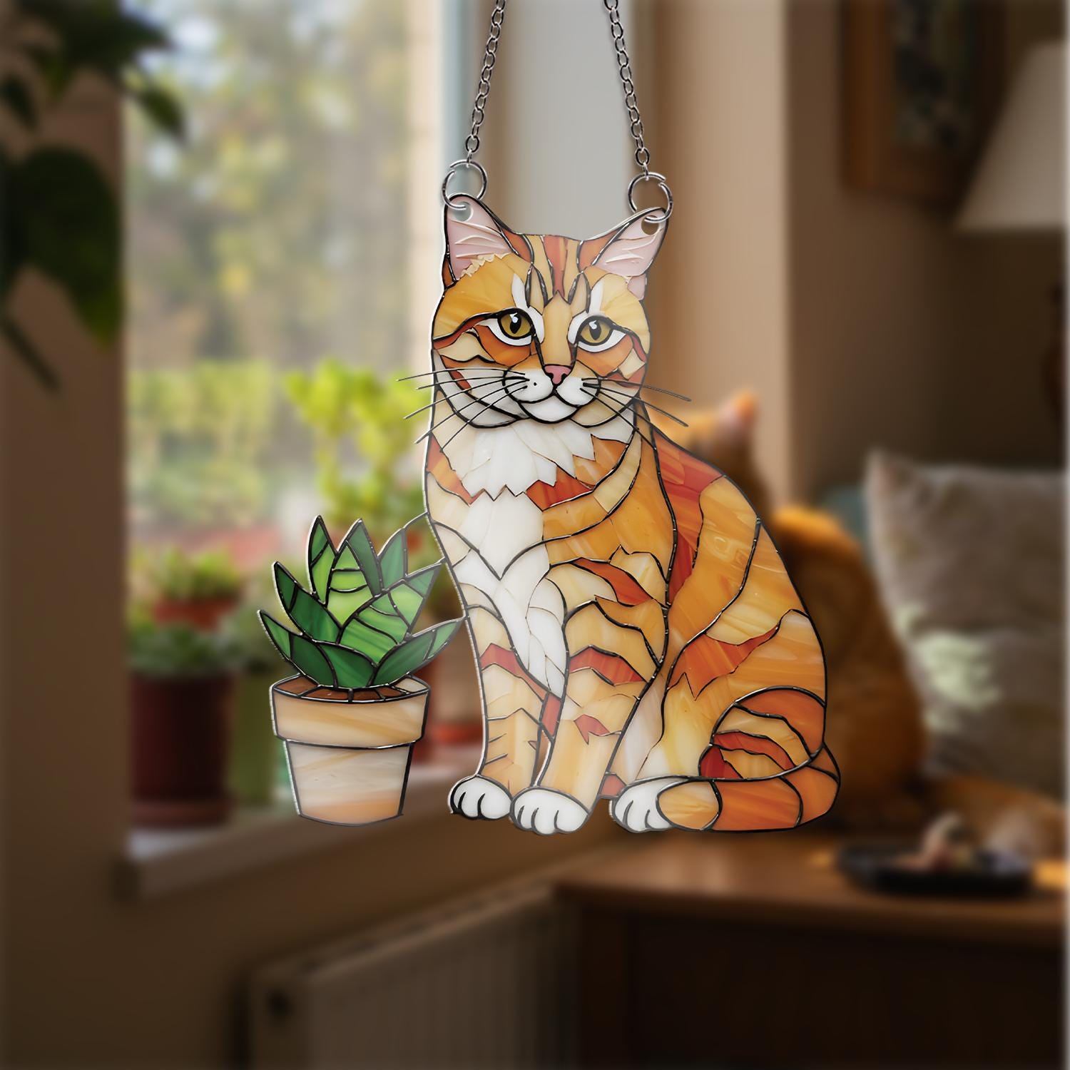 Orange Cat with Succulent Acrylic Window Hanging, Stained Glass Style Decor, Cat Lover Gift, Plant Window Art, Cute Home Accent