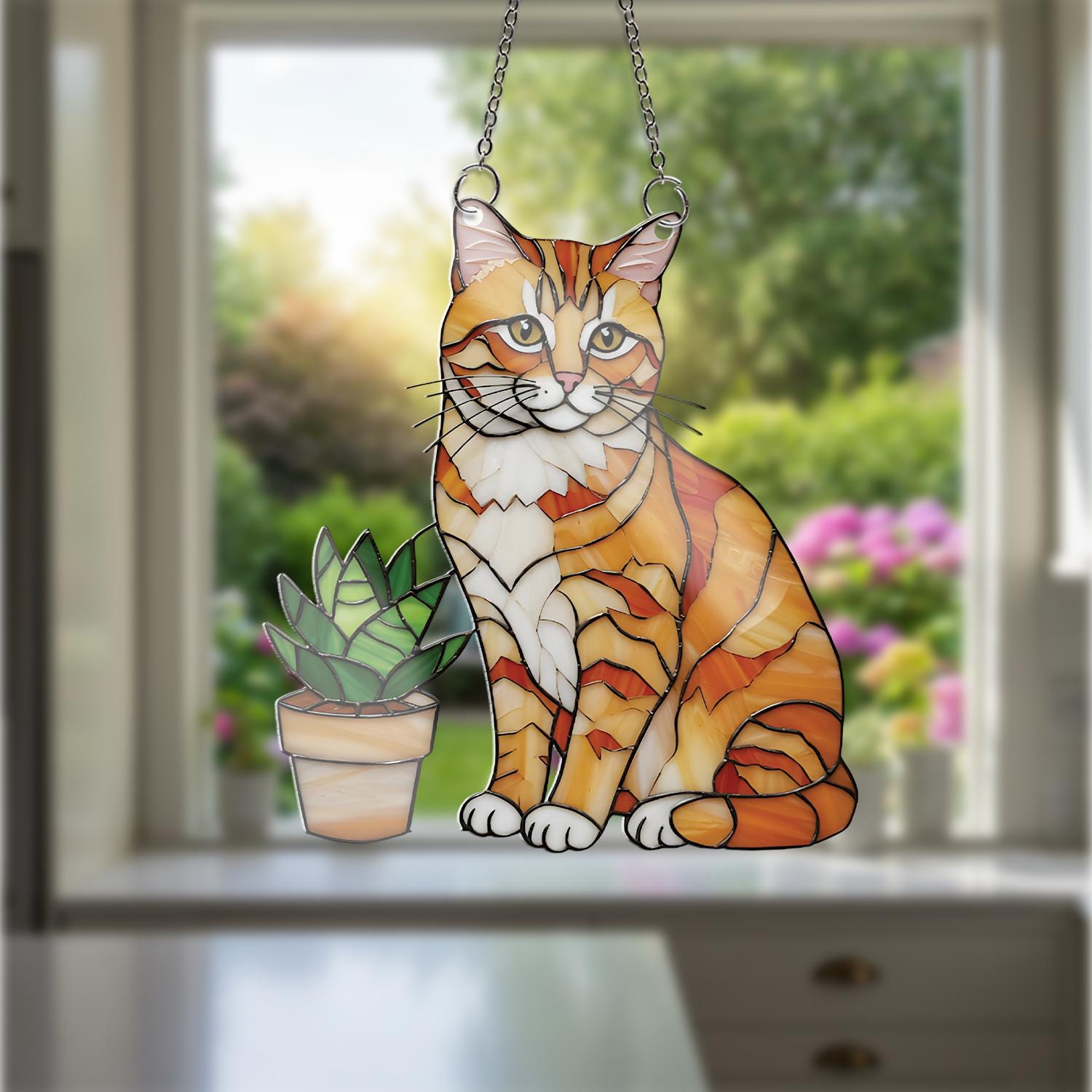 Orange Cat with Succulent Acrylic Window Hanging, Stained Glass Style Decor, Cat Lover Gift, Plant Window Art, Cute Home Accent