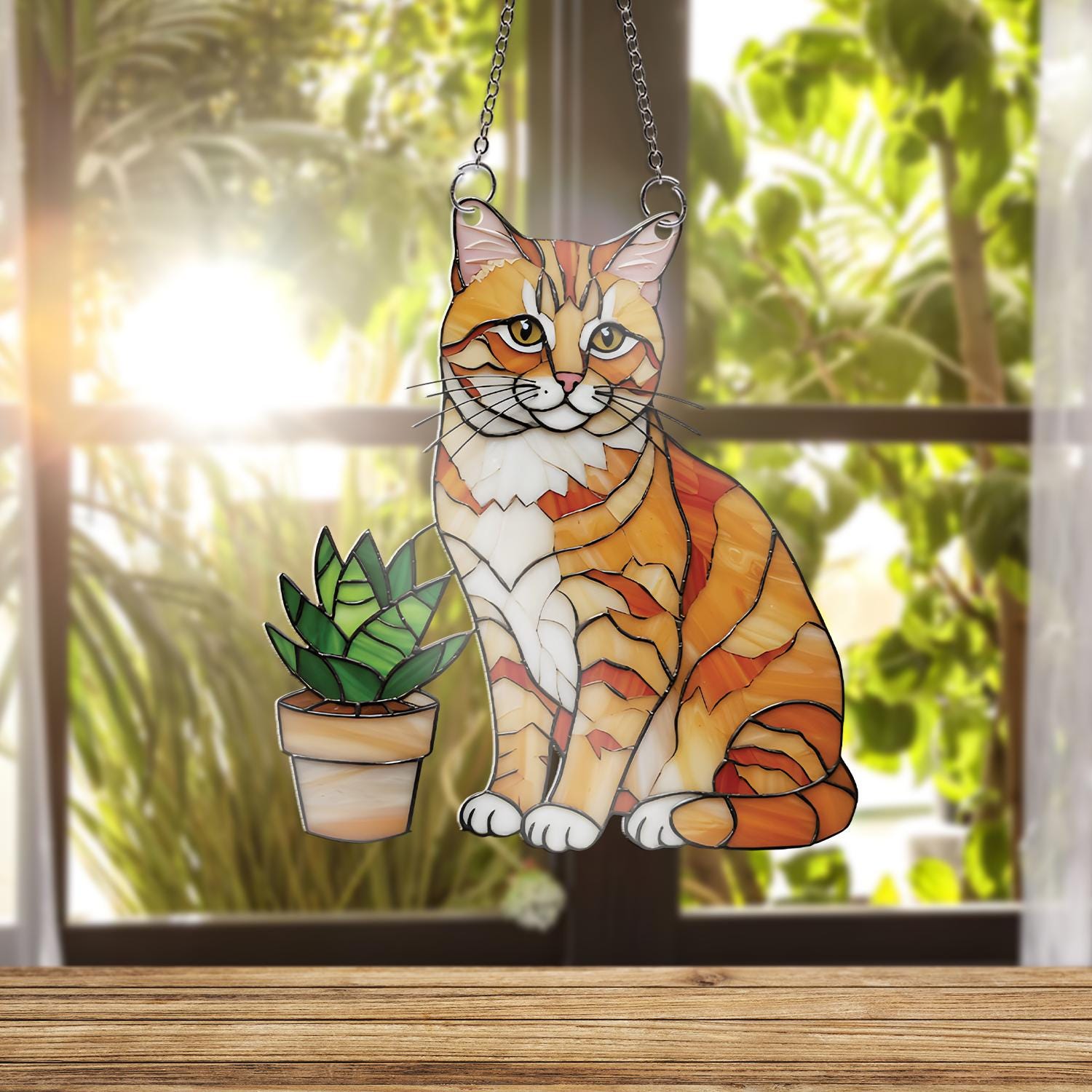 Orange Cat with Succulent Acrylic Window Hanging, Stained Glass Style Decor, Cat Lover Gift, Plant Window Art, Cute Home Accent