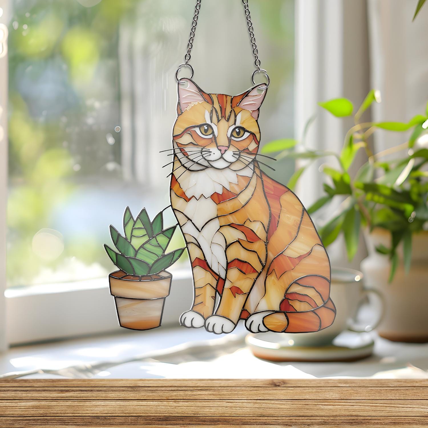 Orange Cat with Succulent Acrylic Window Hanging, Stained Glass Style Decor, Cat Lover Gift, Plant Window Art, Cute Home Accent